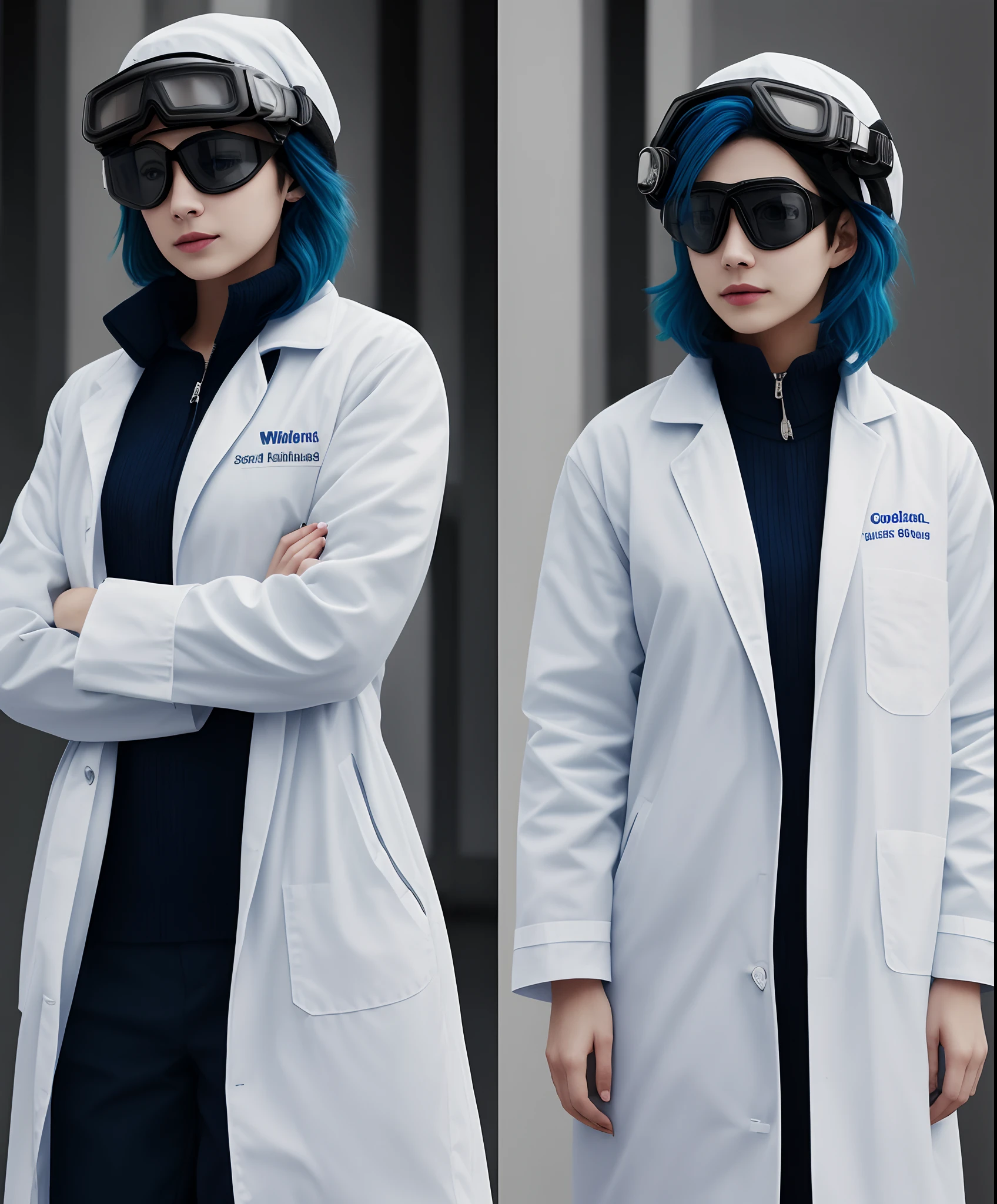 Pale blue hair，blue color eyes，Wear a scientific white coat，wearing goggles
