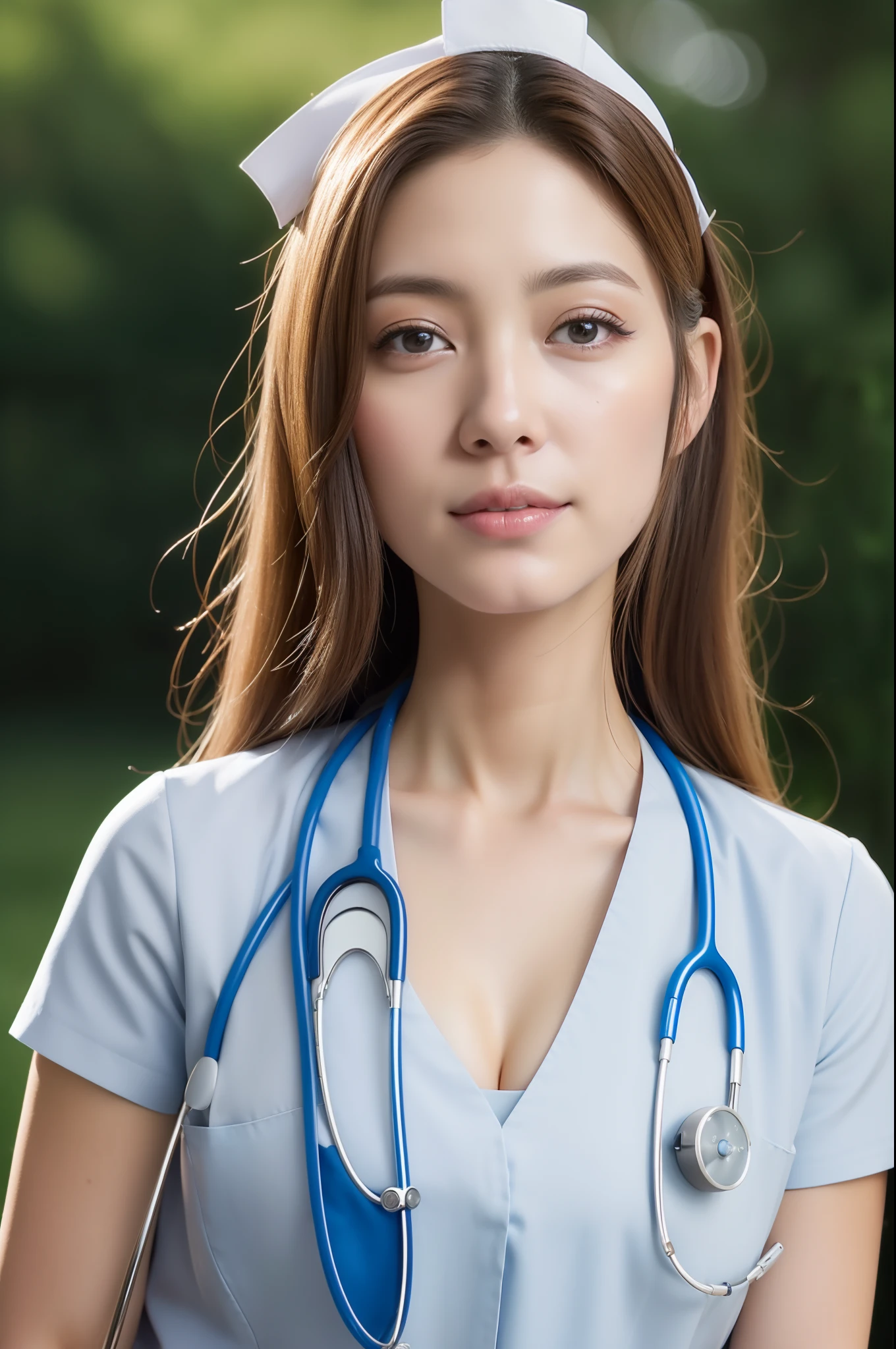 ((nurse、top-quality、8k、​masterpiece:1.3))、A slight smil、foco nítido:1.2、Beautiful woman with perfect body:1.4、slim abdomen:1.2、huge tit:1.2、Highly detailed facial and skin texture、  A detailed eye、二重まぶた