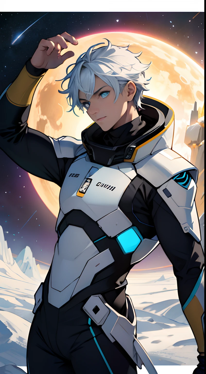 Crie um personagem aventureiro vestindo um traje espacial futurista, flutuando em um campo de asteroides coloridos e distantes. His eyes are fixed on the vastness of the cosmos, reflecting curiosity and determination to explore the unknown. --auto