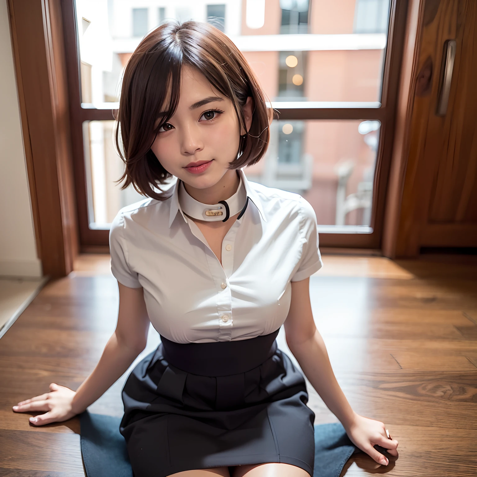 (8K、Raw photography、Top image quality、masterpiece:1.2)、(realisitic、Photorealsitic:1.37)、ultra-detailliert、depth of fields、1 girl in、cute little、独奏、Beautiful detail sky、Detailed café、morning、sitting on、date、(Nasal blush)、(A smile:1.1)、(Mouth closed)、middlebreasts、cleavage of the breast、beautiful finely detailed eyes、(shirt with collar:1.1)、pleatedskirt、(short-hair:1.2)、Floating hair