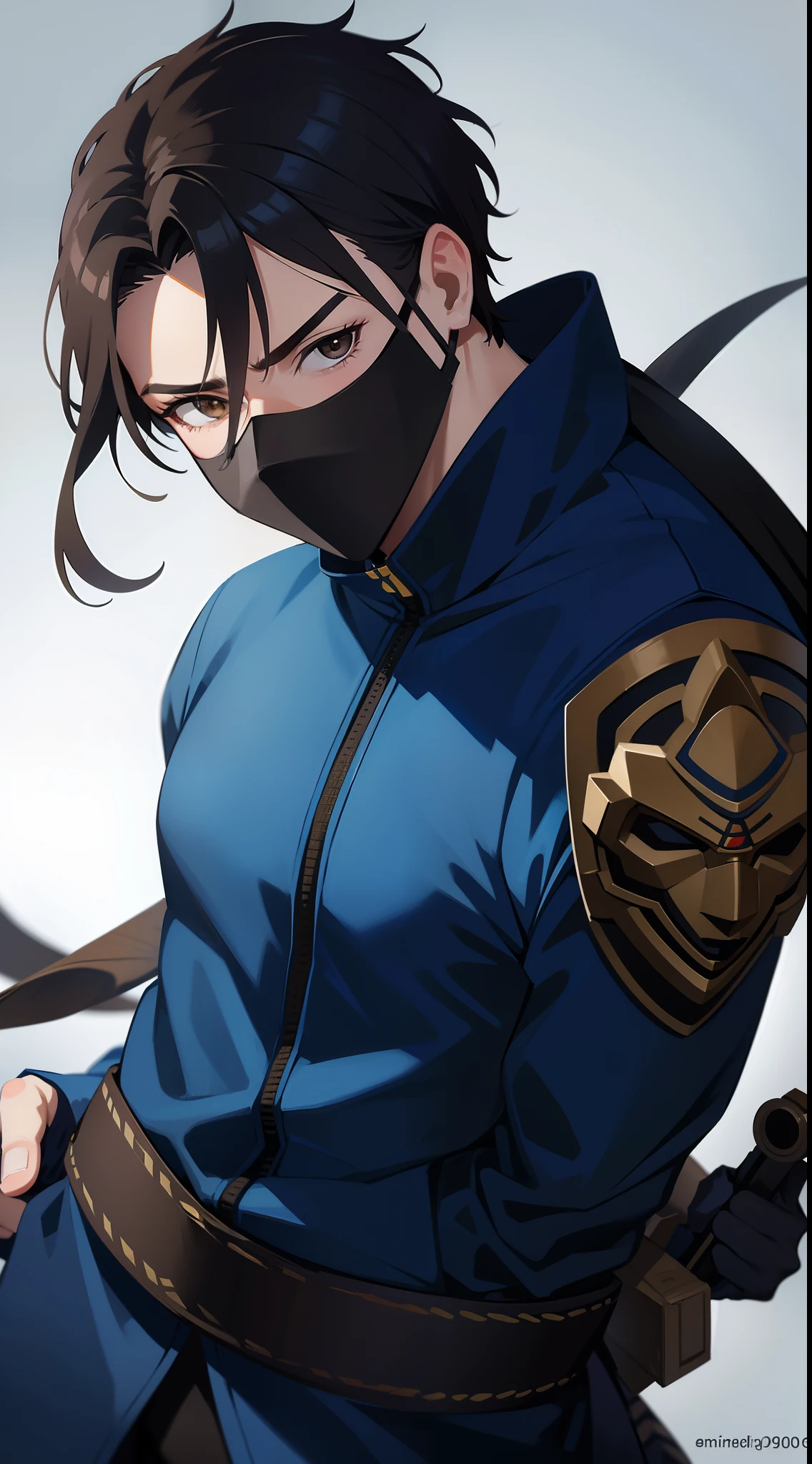 Grown-up guy, ninja, Blue Shinobi Uniform, Brown eyes, mask, Masterpiece, hiquality