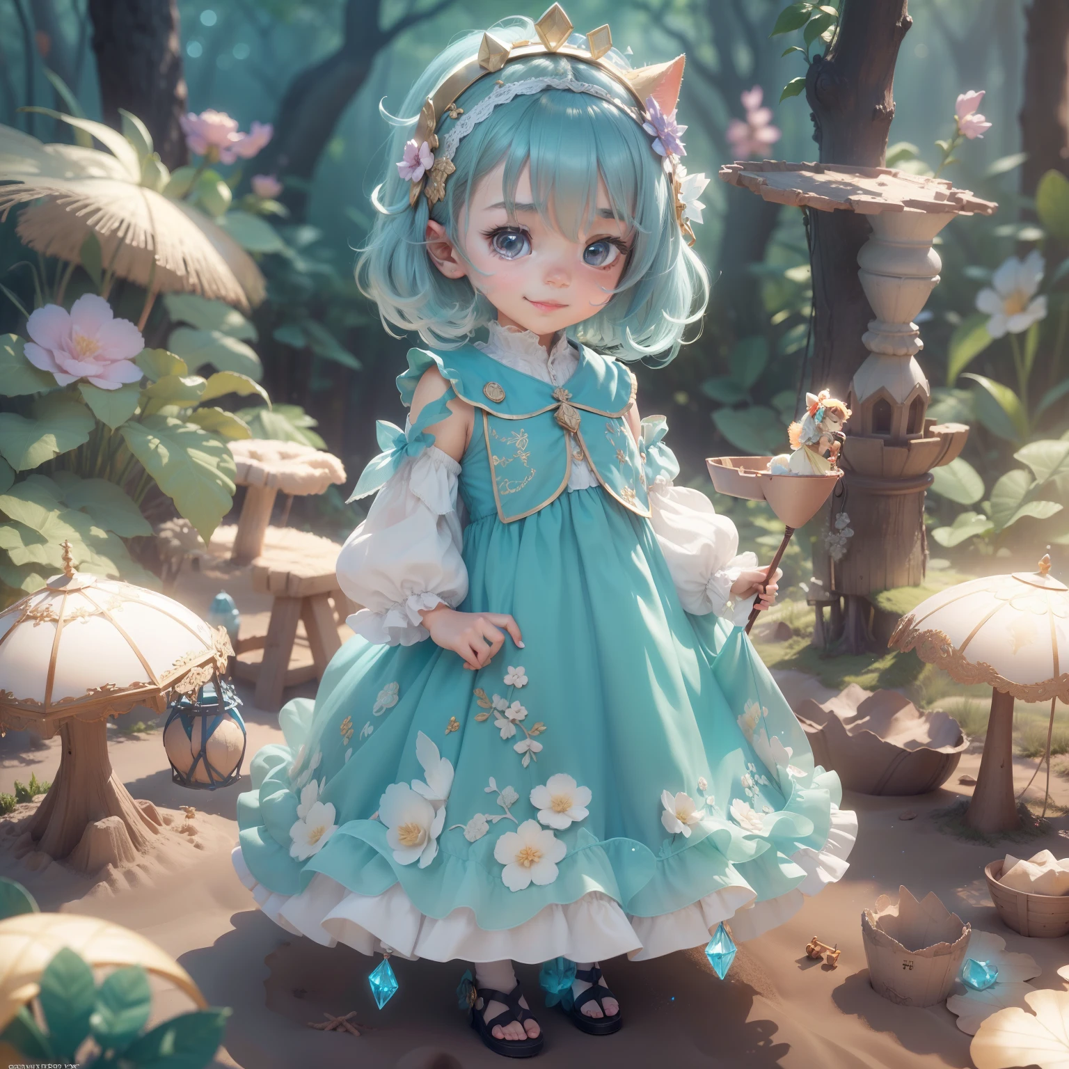 (sandbox:1.4),in a panoramic view,Solo, full body Esbian,tchibi,Cute girl, Wearing a blue dress,a panoramic view,Delicate headgear,ssmile,Rococo style,Glass material,crystal material,ighly detailed, cinematic lighting effect,8K,tmasterpiece,offcial art natta the woods