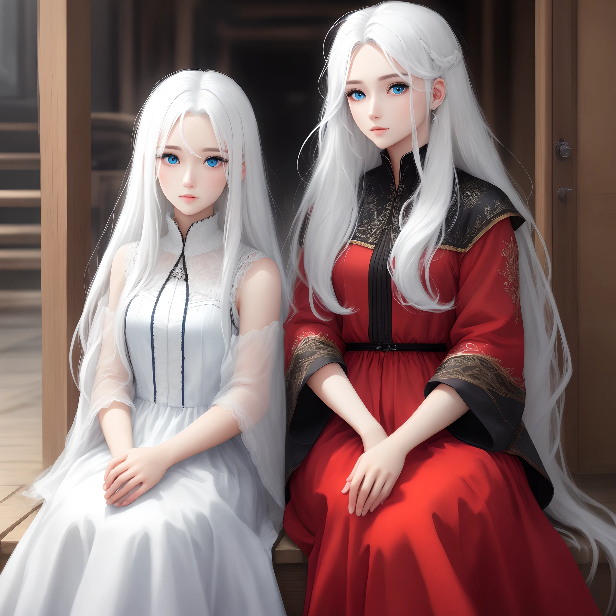 White hair,long whitr hair,Blue eyes,sitted
