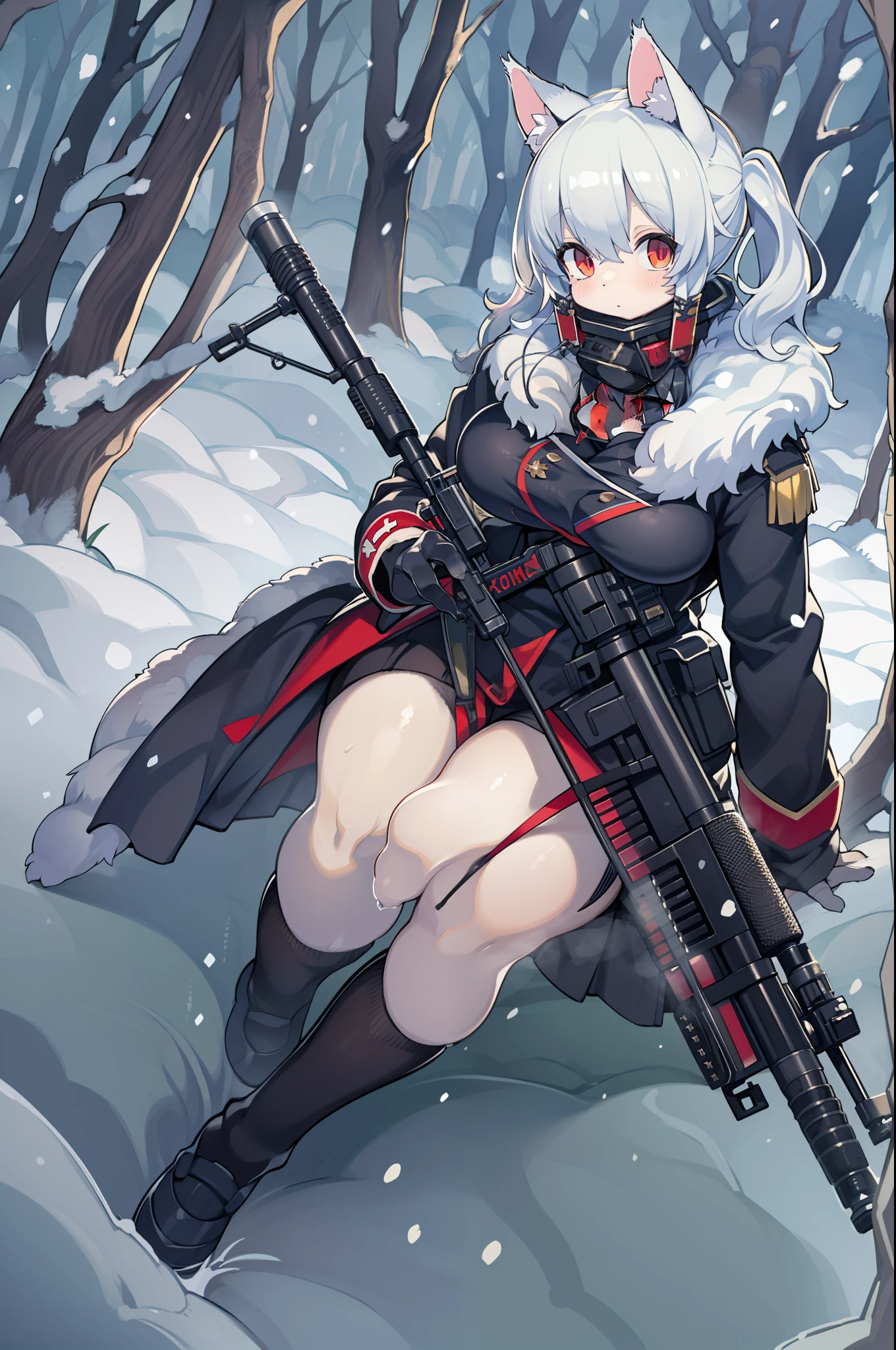 snowy forest, Black hair, Cat ears, Cat Girl, Red Eyes, As I ran, officer uniform, , Germany, Black Officer Uniform,huge-breasted、Giant Sniper Rifle、From the top、Overhead view,Very Wide Shot