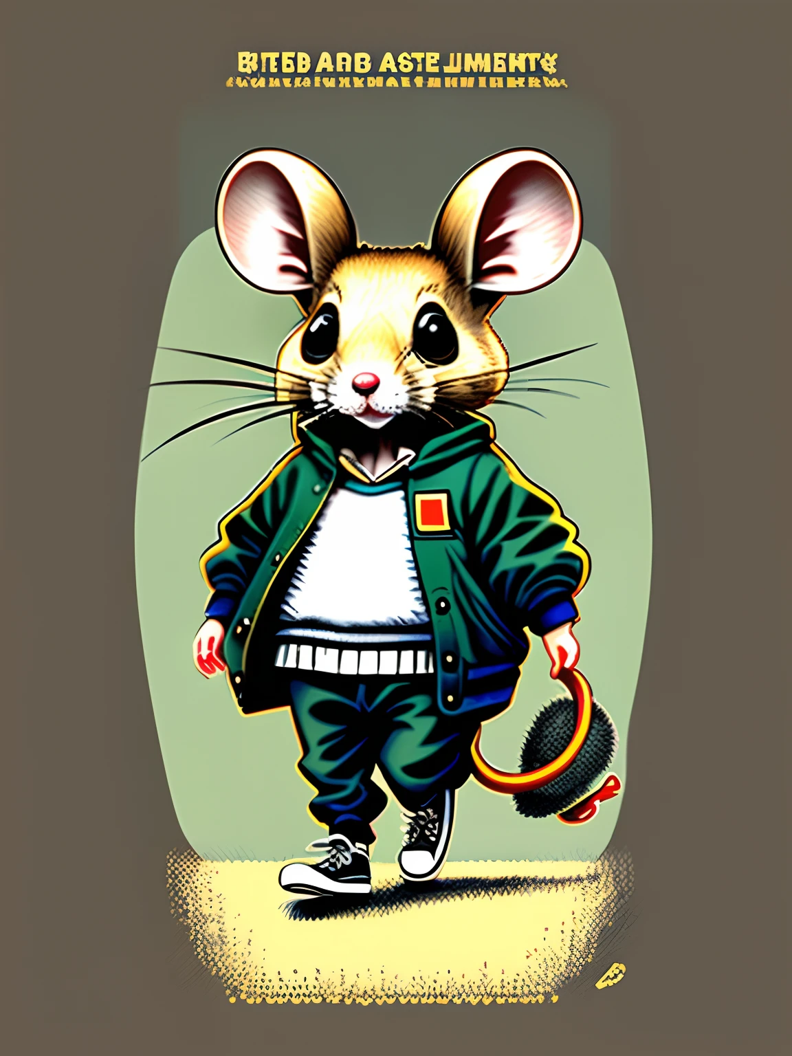The illustration is a mouse with the clothes of a classic company worker , bipedal rat , skull , o rato parece estar correndo atras de alguma coisa , Rat: expression of one who is late for something;