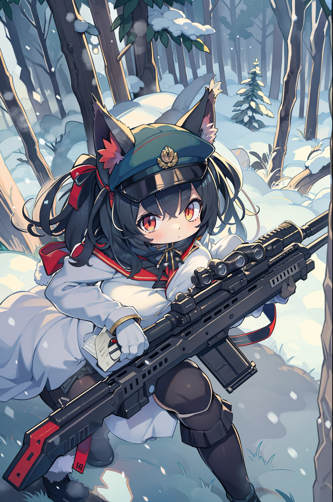 snowy forest, Black hair, Cat ears, Cat Girl, Red Eyes, As I ran, officer uniform, , Germany, Black Officer Uniform,huge-breasted、Giant Sniper Rifle、From the top、Overhead view,Very Wide Shot