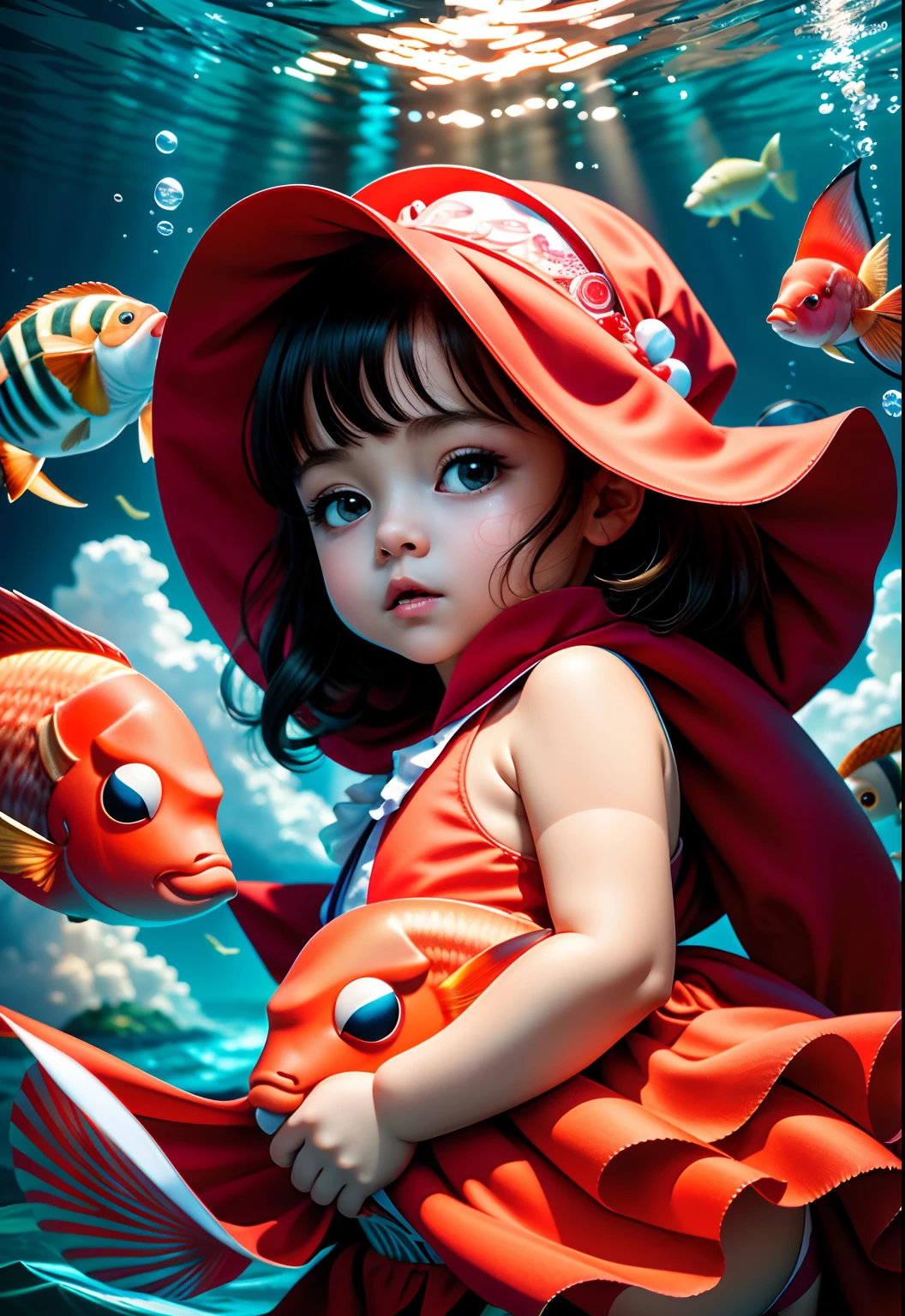 highest quality,tmasterpiece,A high resolution, shadowing, the detail, 8K, photore,Sharp focus,The composition of the characters is small, Under the water,1girll,Infant body type,Very short in height,Giant red carp, Fantastic location, flight, an underwater city