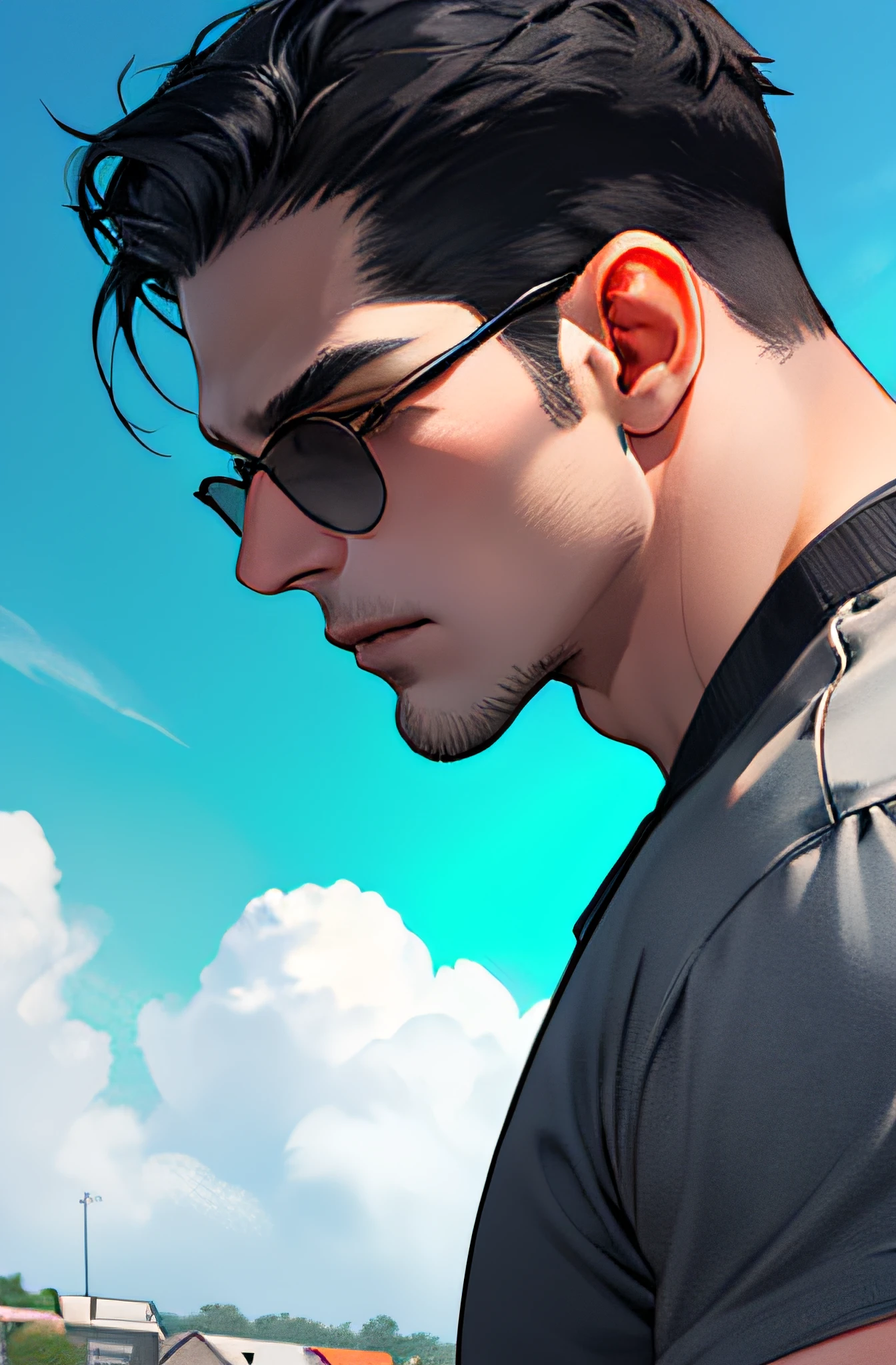 Lifelike，（The Masterpiece，Top quality，best qulity，officlal art），greatly detailed，Colorful，Most detailed，God，shorter hair，black color hair，Handsome man，gargantilha，short sleeve，outskirts，sun glasses