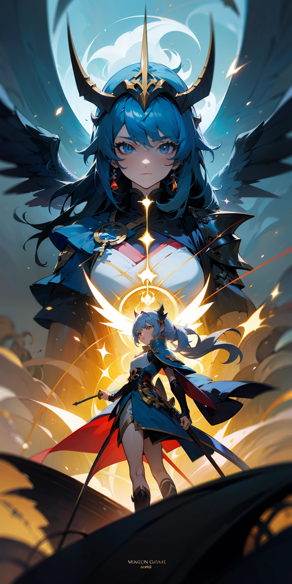 Anime figure，Dark villain，Beauty side face，Long hair flying，（golden headdress），Two teenage girls back to back，（Simple helmet）Spark ashes burn，The samurai held a sword, Wear contrasting armor, The full picture of the witch and witch skeleton,（standing full-body），（（Faraway view）），（HD8K），ultra-wide-angle，The background is gorgeous，the original god, demon anime girl, Angel anime girl，fantasy paladin man, Dragon Knight,Spread your black feathered wings，Mobile Genshin Influence, Anime 8 k, Anime fantasy illustration, Genshin Impact, Tough and cold character, Detailed key anime art, Ayaka Genshin impact, onmyoji portrait，Close-up of shooting random weapons, Comic book epic artwork, Epic fantasy digital art style,Epic fantasy art style, 8K high quality detailed art, Epic fantasy art style HD, Faraway view，Behind him，It is a golden glowing magic array。，Purify the flame，HD anime visuals，full portrait of magical knight，