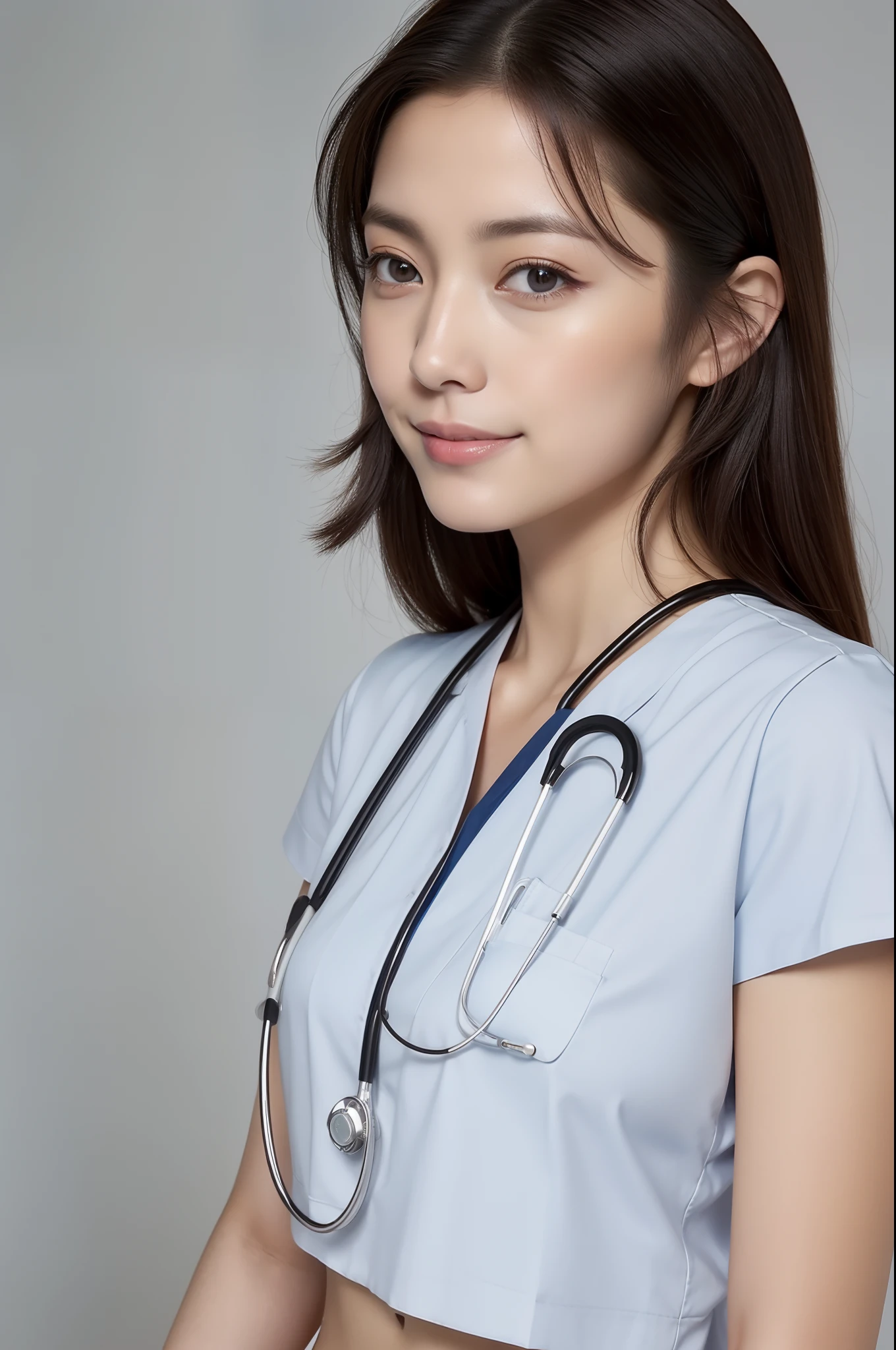 ((top-quality、8K、masterpiece:1.3))、sharp:1.2、Perfect Body Beauty:1.4、Slim abs:1.2、Big、Beautiful face、A smile、((Nurse:1.3))、(Hospital Background:1.2)、Straight hair、Highly detailed facial and skin texture、A detailed eye、Aspect of looking at the camera、