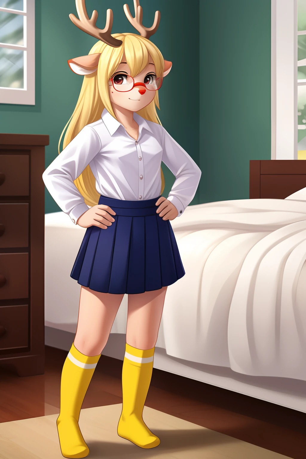 ((masterpiece)),((highest quality)),((Anatomical)),((Realistic)),((Detailed Description)),((cute)),((((Health Room)))),(((One Horse Girl))),(((Beautiful eyes))),(((Baby Face))),(((Petite))),((Bewitching Smile)),(((Victory server))),(((Glasses))),Full body view,