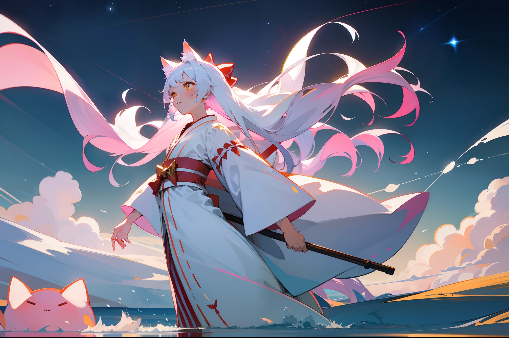archer,s girl,long white hair,Cat ears,The white kimono has red stripes,Yellow pupils,Standing on the surface of the sea,holding a bow,The background is a starry sky,The girl looked up to the sky,Starlight series,Pink bent tooth moon