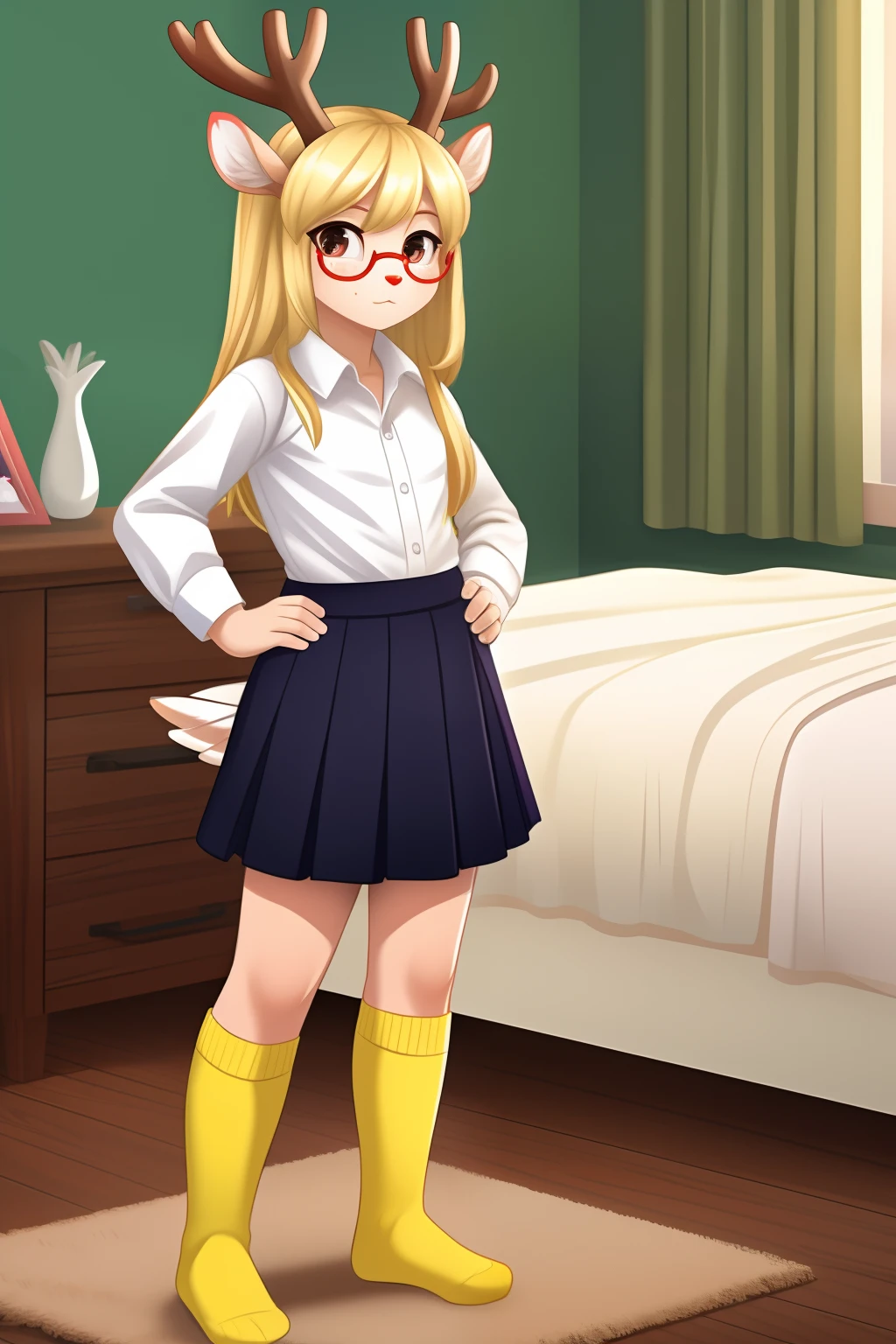 reindeer, young girl, solo, 1girl, child, freckles, red nose, cute eyes, floppy ears, reindeer antlers, antlers, glasses, white buttoned shirt, white shirt, bird tail, white bird tail, black skirt, full body, blonde hair, blue marks in hair, yellow hands, standing, indoors, bedroom, yellow socks, long hair, hands on hips, feathery arms, feathers, deer and bird fusion