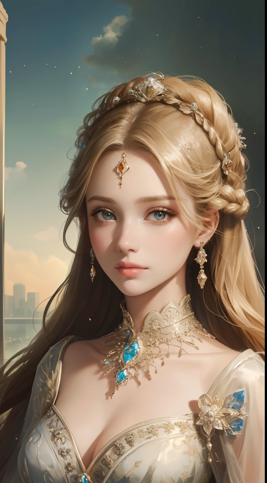 (Ultra-high quality masterpiece,Beautiful bust of an 18-year-old noble girl,Classical braids,The eyes are shiny and clear,Floral craftsmanship,Crystal jewelry,Ultra-fine details,Soft lighting)