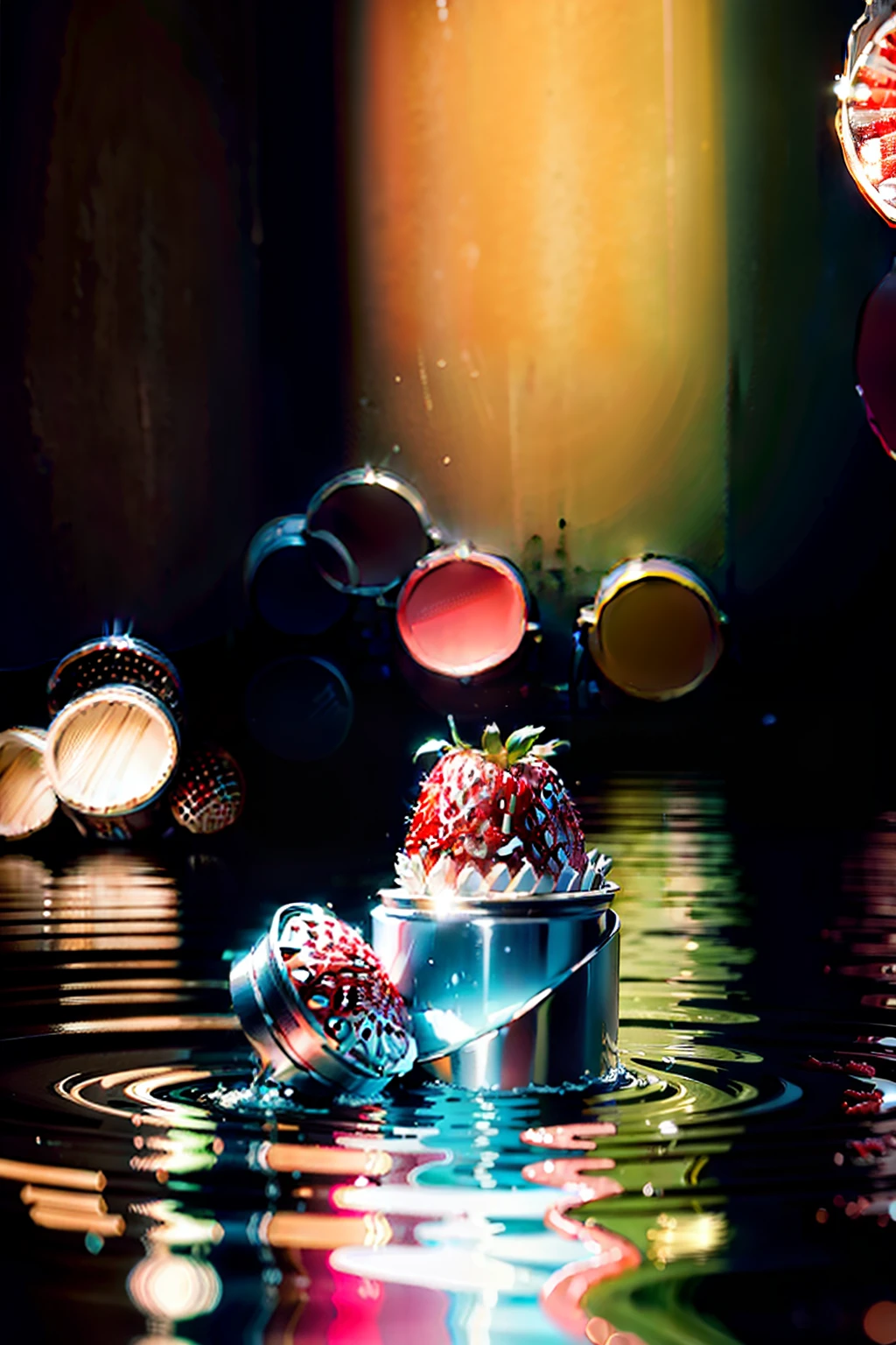 under the water，An aluminum beverage can bottle with strawberries，Shot with Morandi color scheme，The background is light，Sunlight is refracted in water，detail-rich，High quality photography。A few strawberries are scattered around，Surrounded by water。The photo was taken using a Canon camera，ISO 200，After 10 million network image processing，hyper HD，8K --ar 3:4