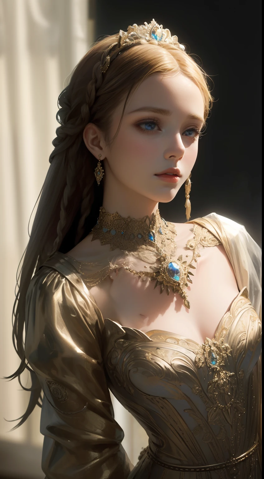 (Ultra-high quality masterpiece,Beautiful bust of an 18-year-old noble girl,Classical braids,The eyes are shiny and clear,Floral craftsmanship,Crystal jewelry,Ultra-fine details,Soft lighting)