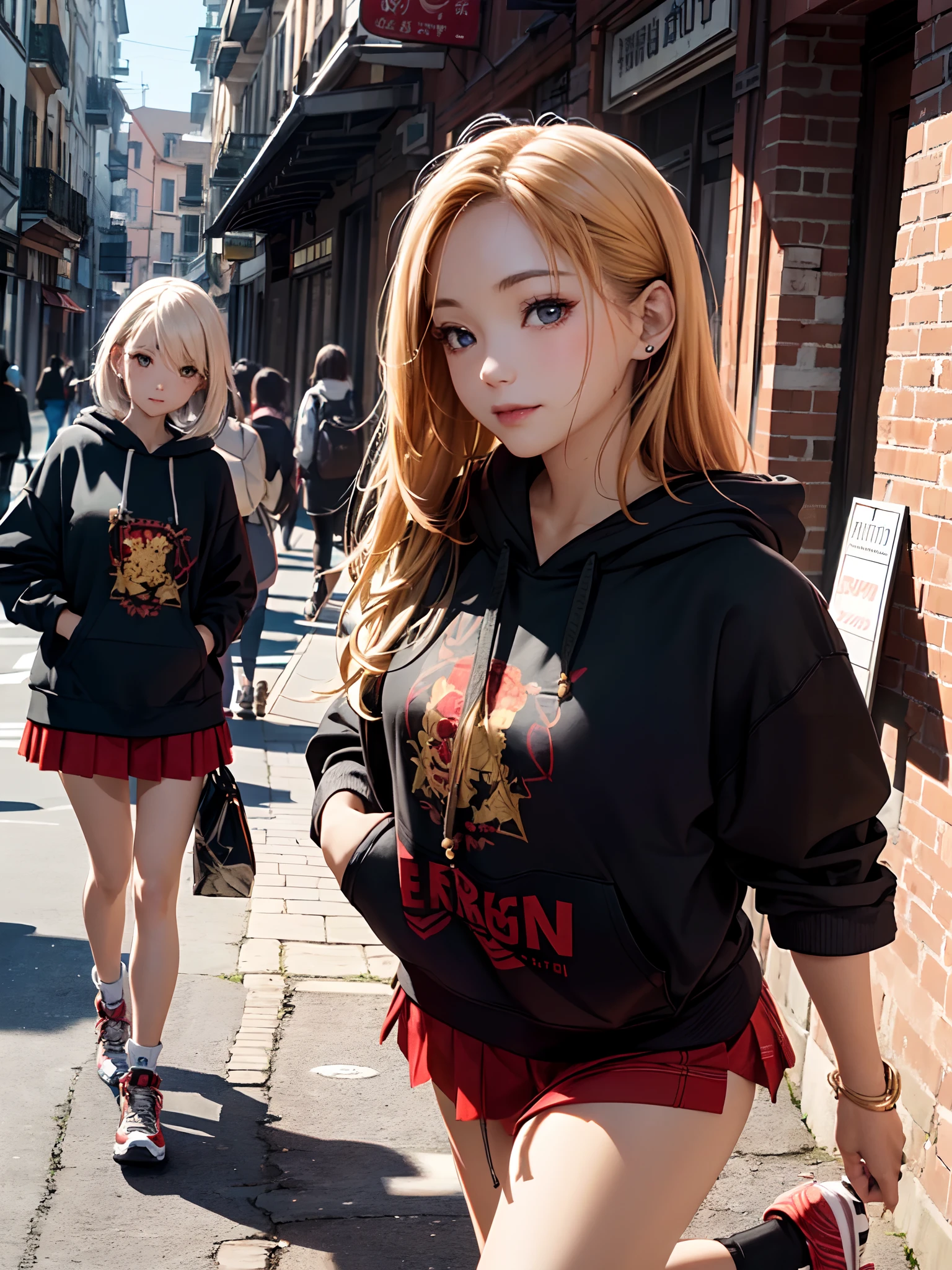 NSFW, 1 Lady, Face, (((1lady:1.37, Solo))), (((strong lights、Kamimei、Red face、be shy、Makes you want to look away、embarassed face、A smile))), (((pale-skinned、highdetailskin、Beautiful face, Cute face, Detailed face、Red Eye Shadow、lipsticks))), ((( Golden hair, Longhaire, straight haired、Hair pulled back))), (((Detailed beautiful eyes))), BREAK, (((Sunny brick city、Complex architecture、Complex town))), (((detailed city、A little broken town))), BREAK, (((Detailed clothing、Big Hoodie、Ruffled miniskirt、RunningShoes))), BREAK, an legs,extremely detailed CG unified 8k wallpaper, very fine 8KCG wallpaper, (​masterpiece, Best Quality), High resolution, Ultra-detailed, ultra-sharp, Cinematic lighting, Black eyes、Abnormal posture、Detailed Platform Boots、