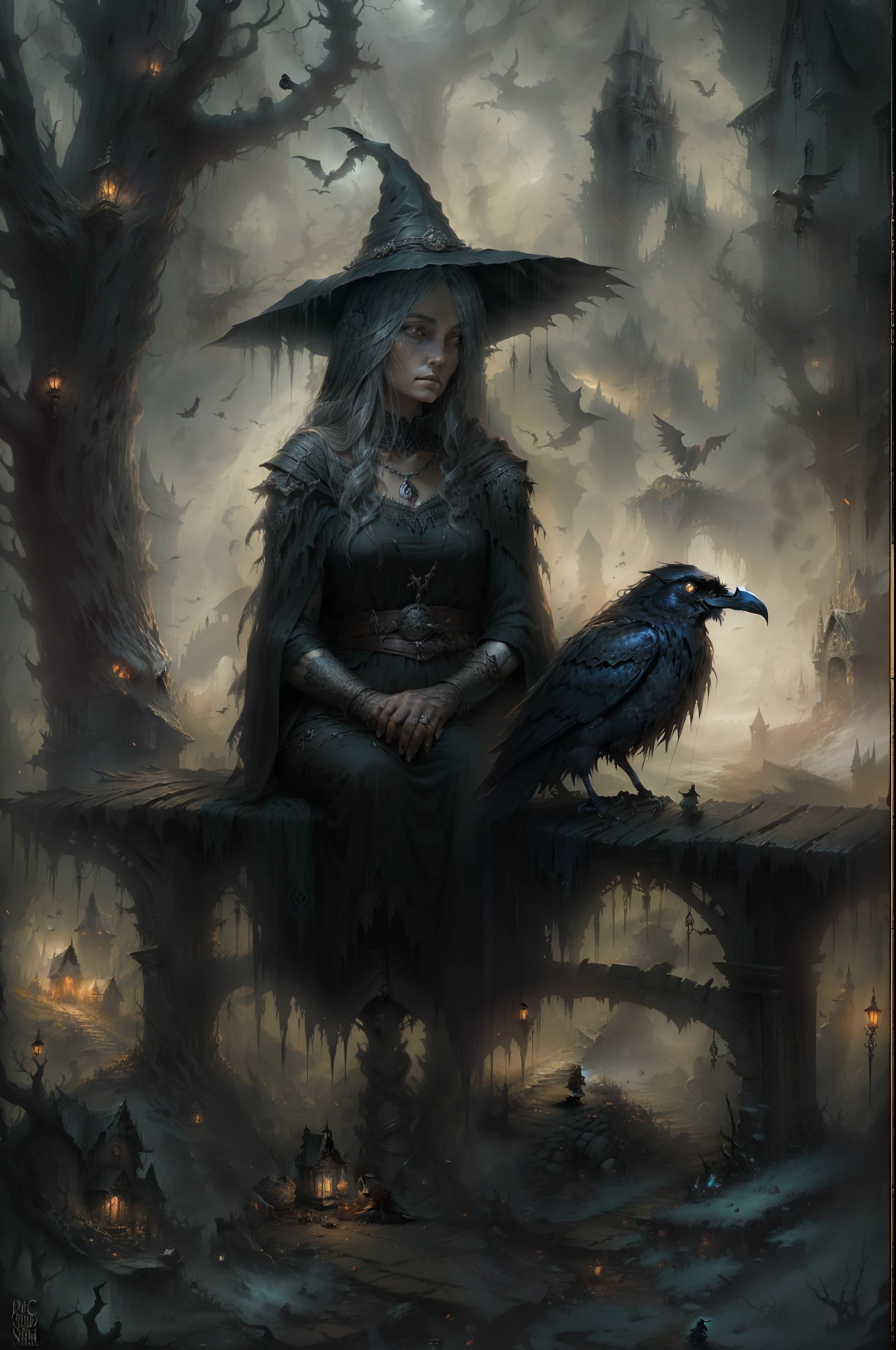 An old witch sat in a chair，Holding a crow in his arms，The old witch's face was wrinkled like oracle bones，The old witch is an old woman，The old lady's face wrinkled deeply, The old woman's lips were chapped and twisted，The mutilated teeth on the old witch's face were like broken sharp stones，It reveals the devastation of the years and her rich experiences，(tmasterpiece），（best qualtiy）， Forcing Allah righteousness，Realist School Details，ultra - detailed， 16k，high definition resolution， Fantasy witch old woman, （1 old woman）， 独奏， White hair，cinematric light， cold light， mistic， photorealestic， pumkin，The old witch sat in a chair，Holding a crow in his arms，Holding a crow，Epic fantasy digital art style, Epic Gothic fantasy art style，k hd, artgerm julie bell beeple, artgerm and rossdraws, Fantasy witch old woman, Epic dark fantasy art style， gothic fantasy art, dark fantasy concept art, queen of the underworld, an ominous fantasy illustration, dark fantasy style, fantasy dark art, sitting on intricate throne