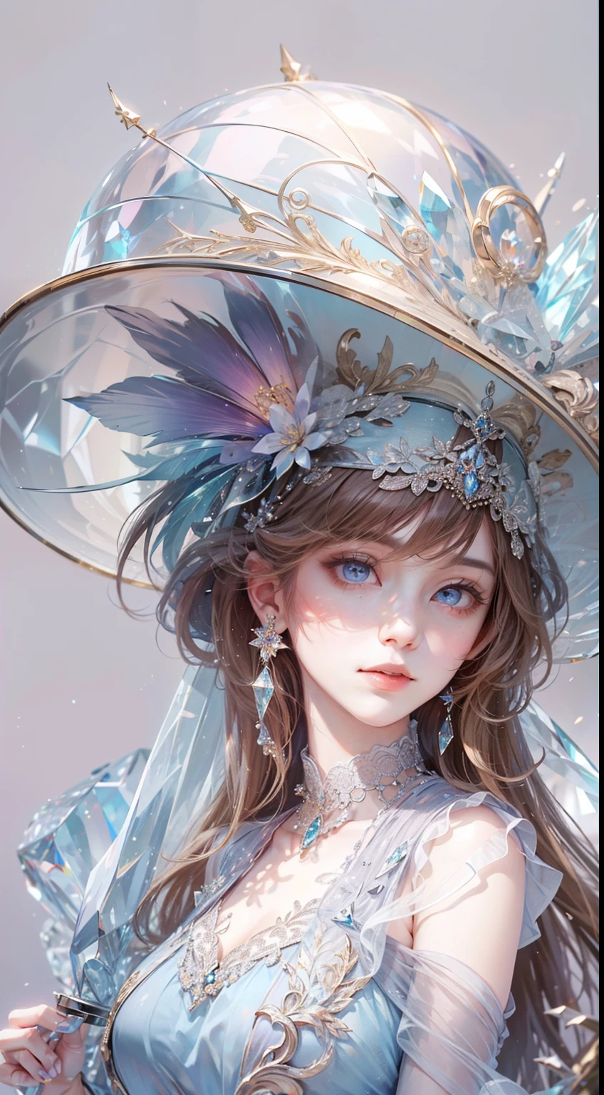 tmasterpiece,Highest high resolution,((magic sphere)),Dynamic bust of beautiful aristocratic maiden,Brown chestnut hair elegantly coiled,((Wearing a huge blue hat)),Purple clear eyes,The hair is covered with beautiful and delicate floral craftsmanship, Crystal jewelry filigree,Ultra-detailed details,upscaled。