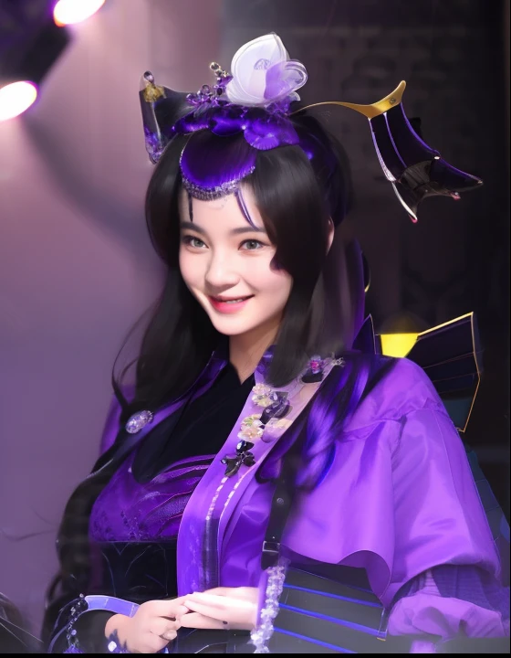 Smiling woman with soot in purple dress