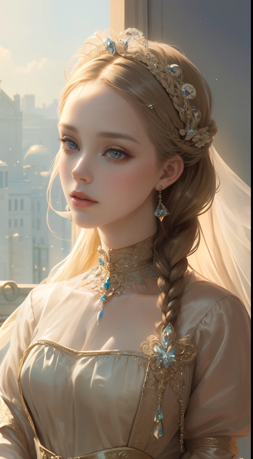(Ultra-high quality masterpiece，Beautiful bust of an 18-year-old noble girl，Classical braids，The eyes are shiny and clear，Floral craftsmanship，Crystal jewelry，Ultra-fine details，Soft lighting)