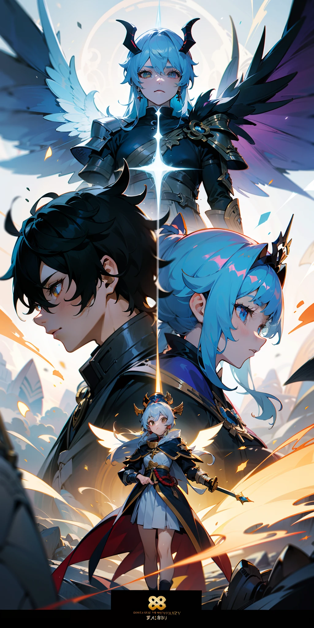 Anime figure，Dark villain，Beauty side face，Long hair flying，（golden headdress），Two teenage girls back to back，（Simple helmet）Spark ashes burn，The samurai held a sword, Wear contrasting armor, The full picture of the witch and witch skeleton,（standing full-body），（（Faraway view）），（HD8K），ultra-wide-angle，The background is gorgeous，the original god, demon anime girl, Angel anime girl，fantasy paladin man, Dragon Knight,Spread your black feathered wings，Mobile Genshin Influence, Anime 8 k, Anime fantasy illustration, Genshin Impact, Tough and cold character, Detailed key anime art, Ayaka Genshin impact, onmyoji portrait，Close-up of shooting random weapons, Comic book epic artwork, Epic fantasy digital art style,Epic fantasy art style, 8K high quality detailed art, Epic fantasy art style HD, Faraway view，Behind him，It is a golden glowing magic array。，Purify the flame，HD anime visuals，full portrait of magical knight，