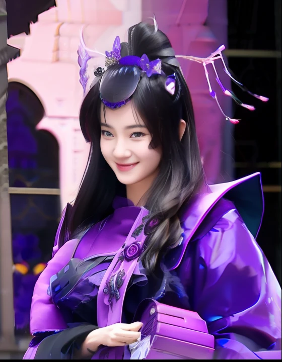 Smiling woman with soot in purple dress