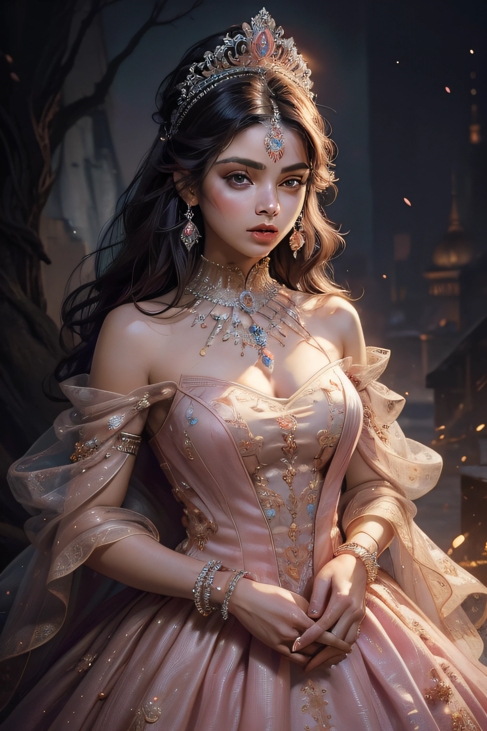 (masterpiece, top quality, best quality, official art, beautiful and aesthetic:1.2), (1girl), strong, matured, extreme detailed, colorful, highest detailed, royal, princess, warrior, extreme bold, baby pink gown dress, lighting in the background, indian girl, straight nose, adorable eyes