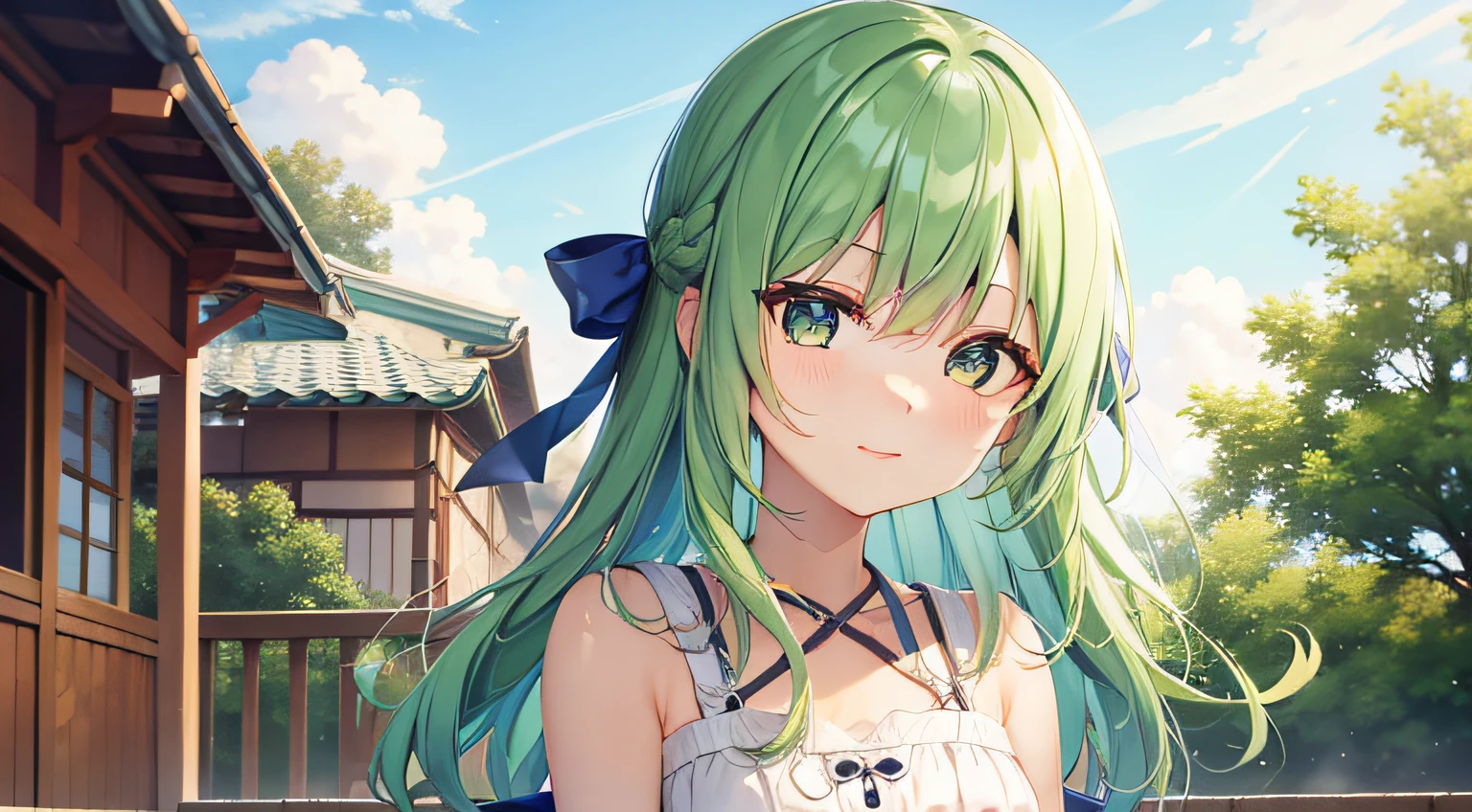 Summer sky、outside、Green hair、cute face、angelicales