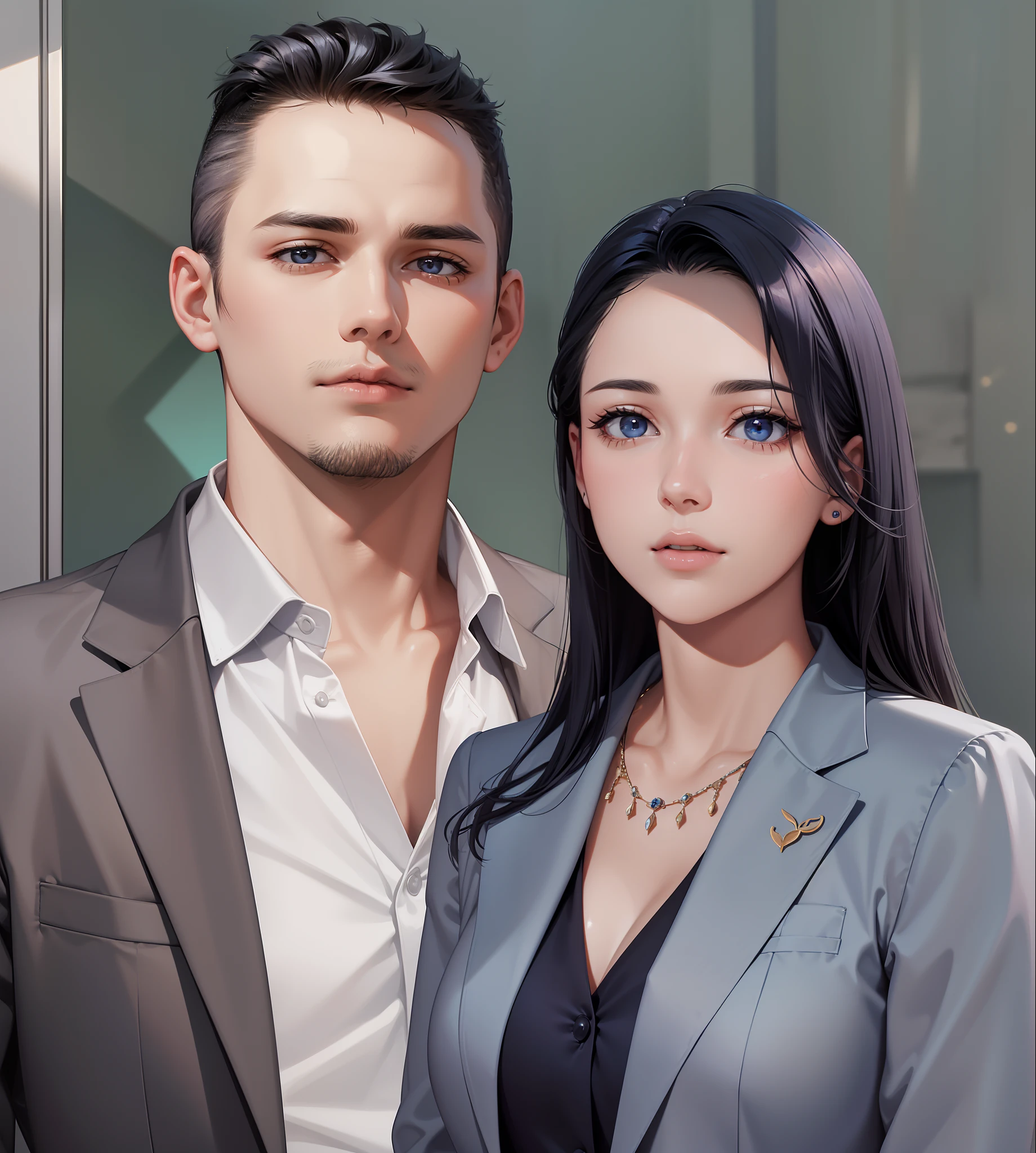 2 people, woman and man, Attractive profile picture, masterpiece, ultra-precise rendering, beautiful and cool young woman, trustworthy, dependable young woman, savior of the world, simple design, most beautiful image, 4K, blue black hair, beautiful woman, handsome man