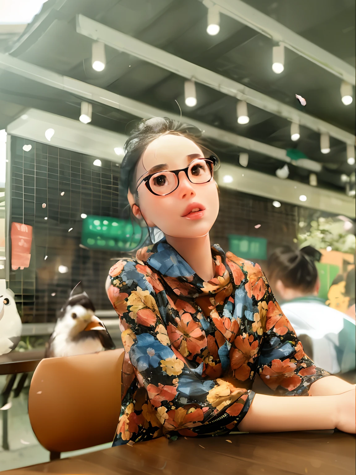 sam yang,

1girl, bird, black eyes, black hair, blurry, blurry background, cherry blossoms, lips, long-tailed tit, looking up, medium hair, profile, scarf, solo, tit (bird)

, ((masterpiece))