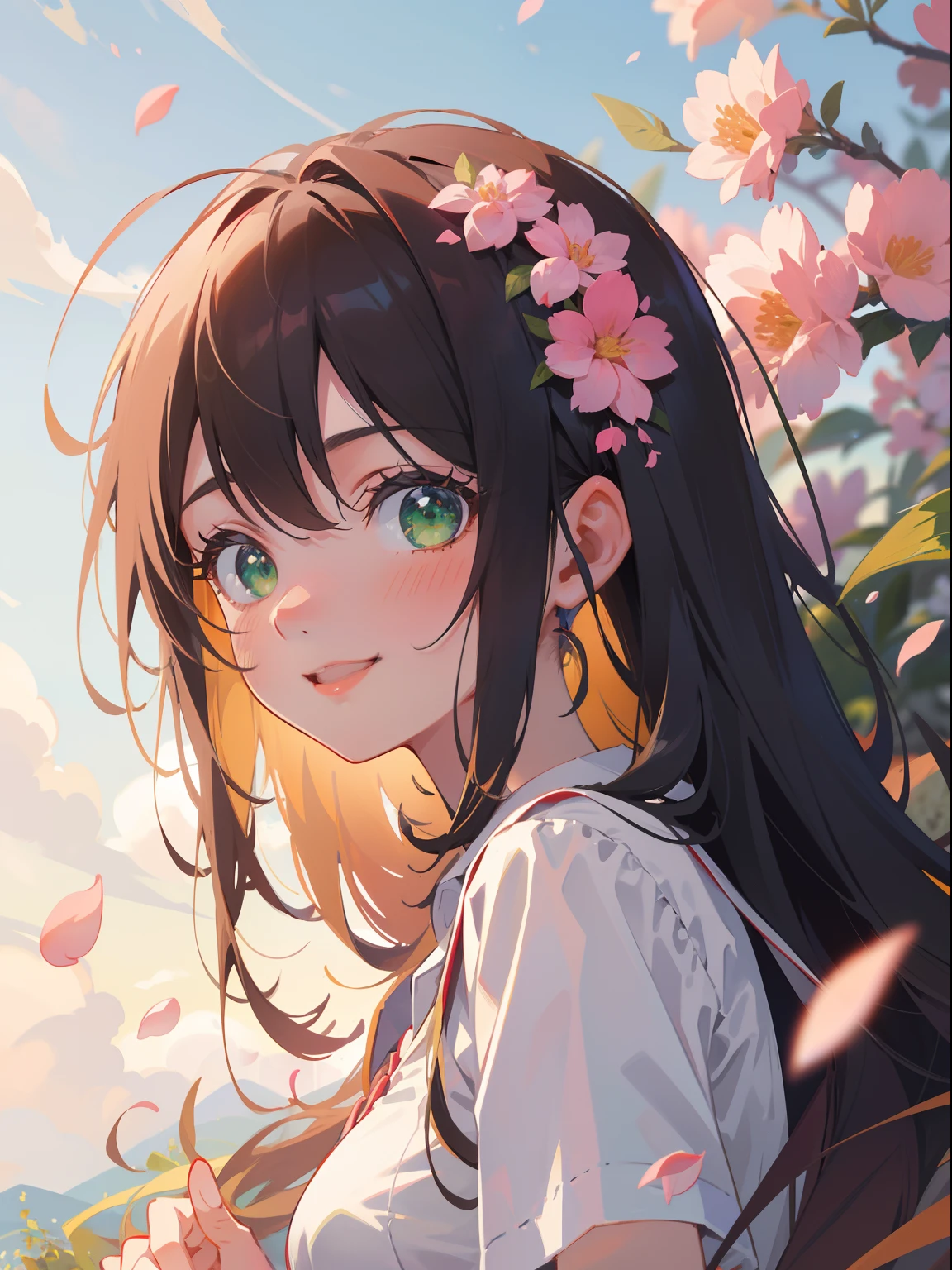 (masterpiece), (best quality), ultra high res, sharp focus, warm pastel tone, ((1 woman, solo)), upper body, mediun close up, beautiful detailed hair, chestnut brown hair, long hair tumbles down, beautiful detailed face, ((beautiful shape eyes, green eyes)), happy face, perfect feminine face, looking at the viewer, smiles, open lips, beautiful clouds and sky in the evening background, peace sign, surrounded by petal flowers