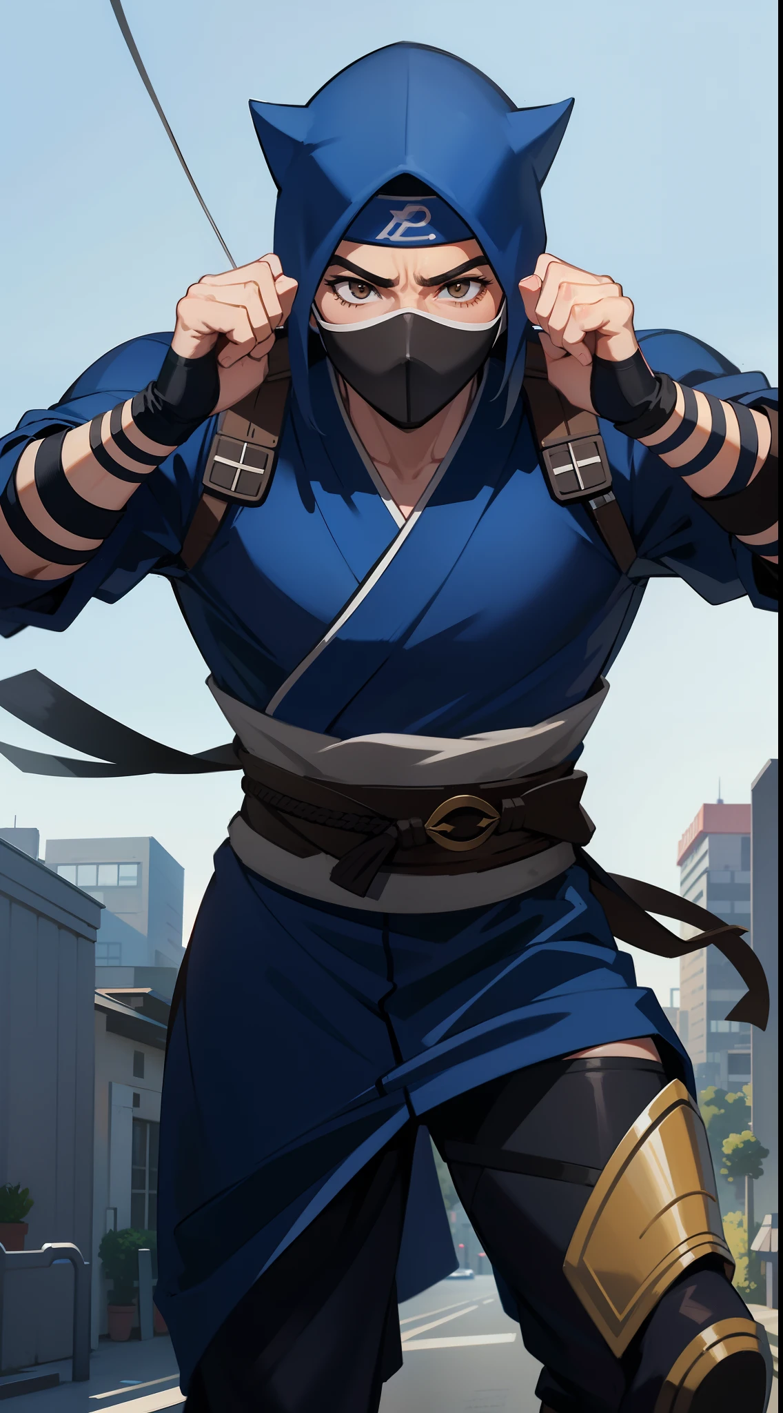 Grown-up guy, ninja, Blue Shinobi Uniform, Brown eyes, mask, Masterpiece, hiquality