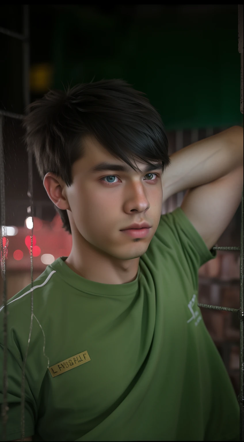 photorealistic photography,Dirty 15-year-old man close-up,gray hair,Focus on the eyes,50 mm f/1.4,HDR masterpiece,dramatic lighting,Epic,Hair in the wind,naked torso, In prison shorts,Prison past