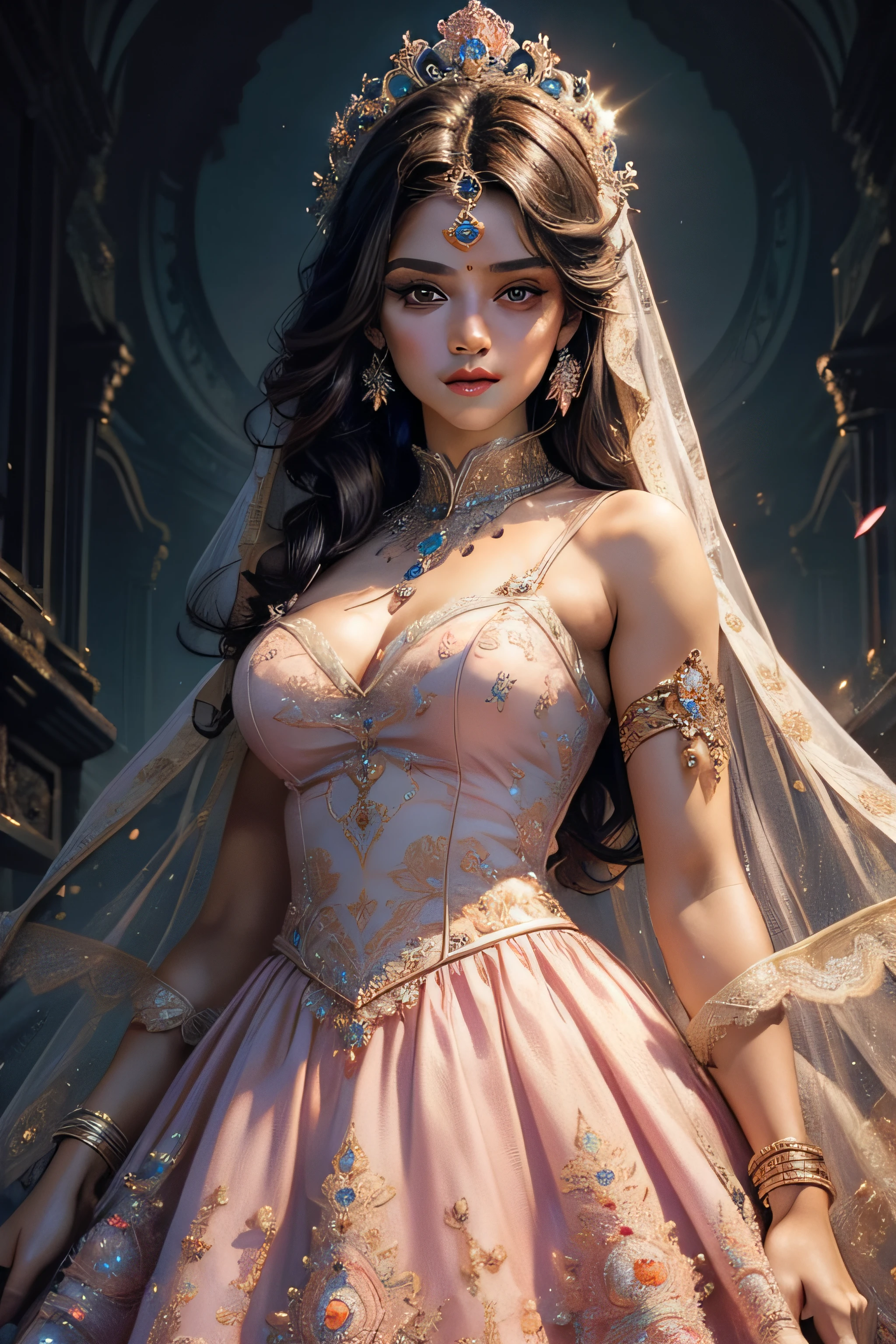 (masterpiece, top quality, best quality, official art, beautiful and aesthetic:1.2), (1girl), strong, matured, extreme detailed, colorful, highest detailed, royal, princess, warrior, extreme bold, baby pink gown dress, lighting in the background, indian girl, straight nose, adorable eyes