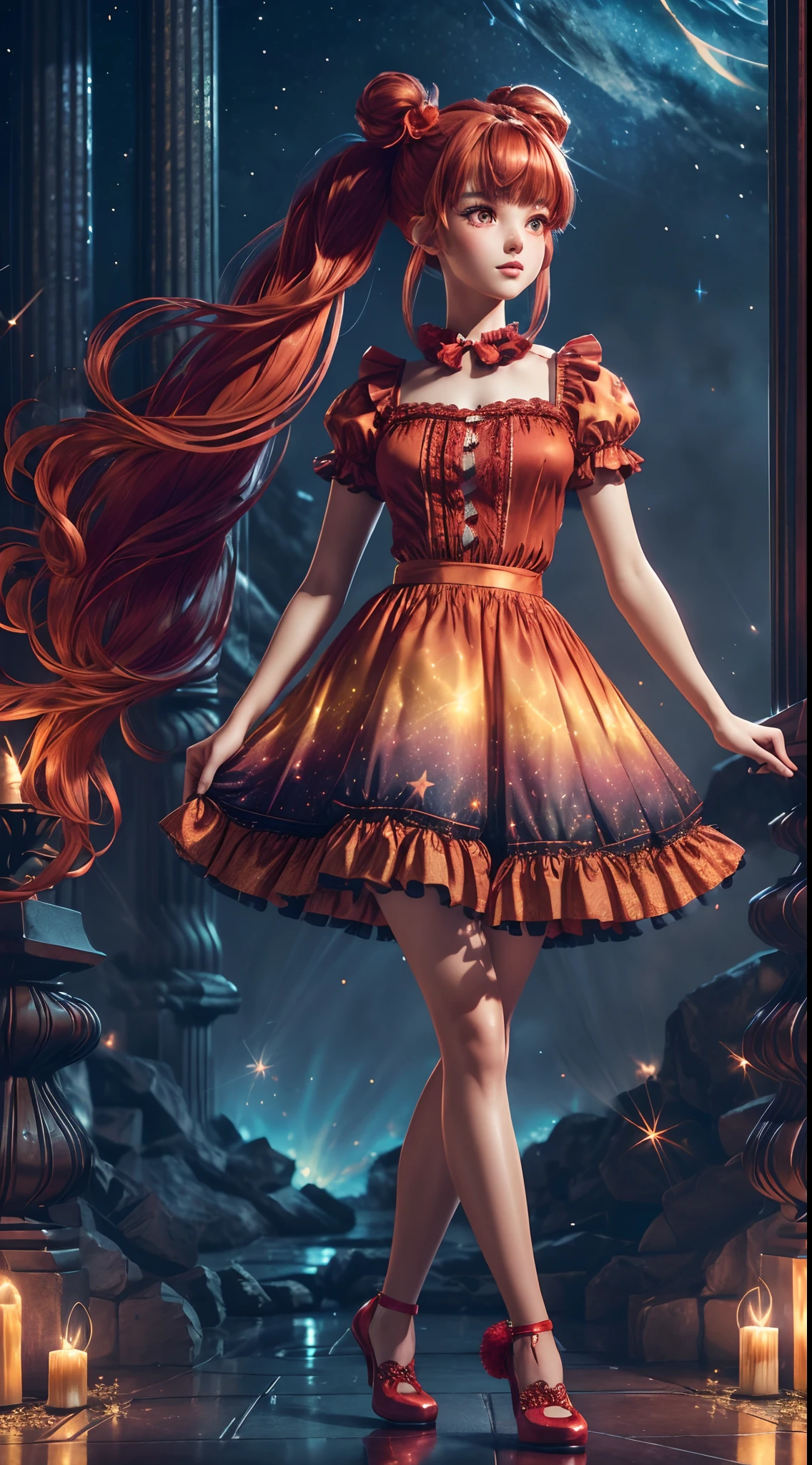 (fullbody, legs and shoes visible: 1.2)) expressive eyes, woman, pale skin, long hair, windblown hair, ((long hair)), long sidelocks, hime bangs, hair fringe, hair bun, ((long twintails)), flaming hair, red hair, blushing, full face blushing, big sparkling glowing red eyes, (gradient eyes), open mouth smile, cute pose,
flowy flaming dress, ((scarlet multicolored open dress)), (mist), orange ruffles, yellow frills, (light red lace), detached short sleeves, puffy skirt, ((fire and stars print skirt : 1.3)), ta skirt, dark red bows, ((pompon ribbons hair ornament : 1.4)), multiple bows, striped lace stockings, (heart shaped leg garter), cute (dark orange) shoes ((hyperdetailed clothing and fashion)) looking at you, vintage girl, blushing, (beautiful detailed eyes), (extremely detailed CG unity 8k wallpaper) (best shadow), ((an extremely delicate and beautiful)), (detailed light), ((depth of field)) big head, big sparkling eyes, moe, splash art, cinematic lighting, frontal view, volumetric lighting maximalist photo illustration 64k resolution high res intricately detailed complex key visual precise linear
((in the dark palace background, surrounded by expensive decor, shooting stars)) ((hyperdetailed scenery, foggy, darkness : 1.3))