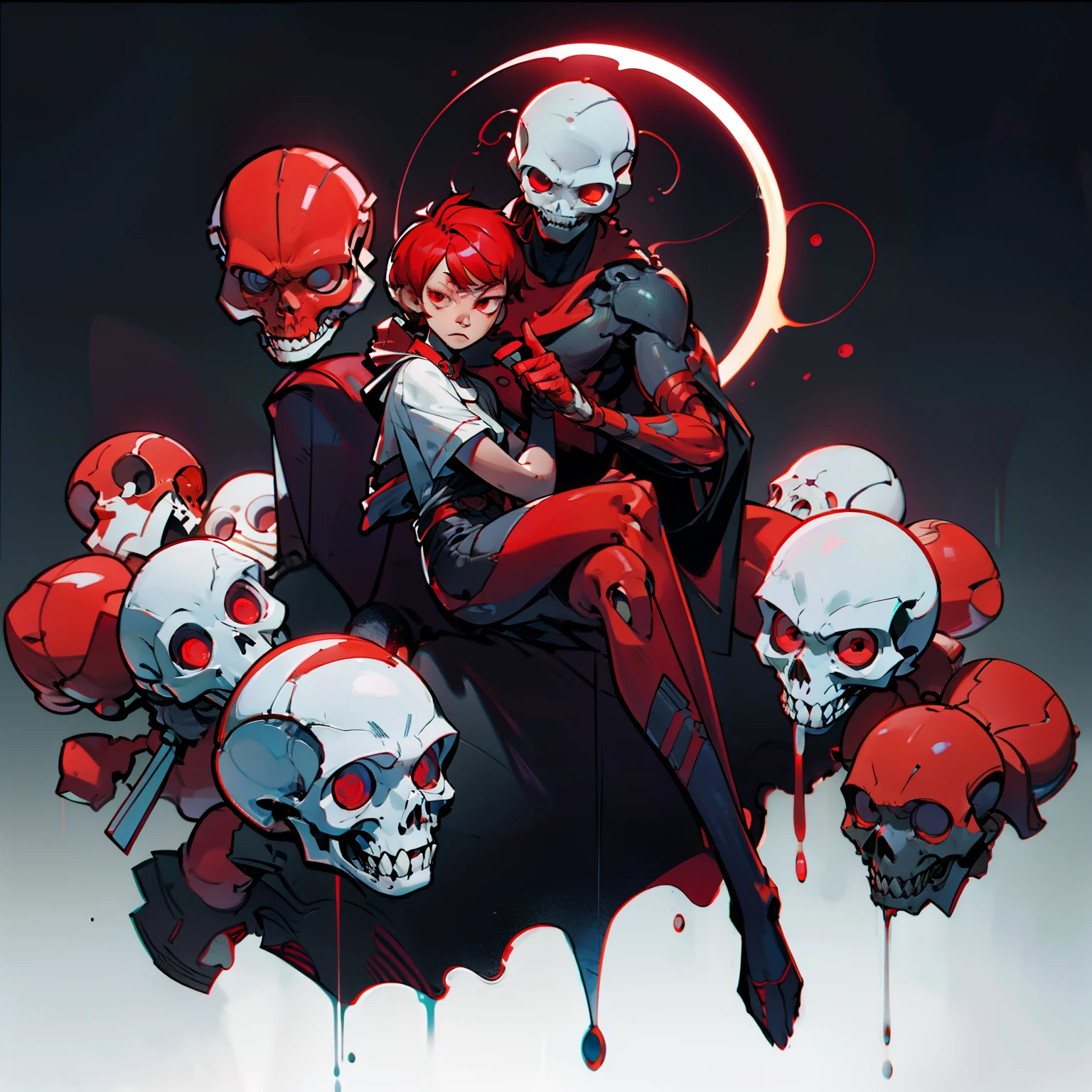 masutepiece, Best Quality, Full body shot, No background, White background, Red Mercury, Man's, alien, Short hair, Red Eyes, Machine Gloves, skull head, chibi
