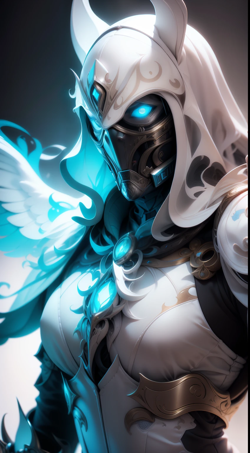Archangel with white mask stunningly beautiful, Eldon ring, Bloodborne, Full body portrait, Sharp shots, Professional photography, 70mm lense, Meticulous love, Good quality, Unreal Engine 5, the wallpaper, Colorful, Very detailed, 8K, Soft light, Realistic photo