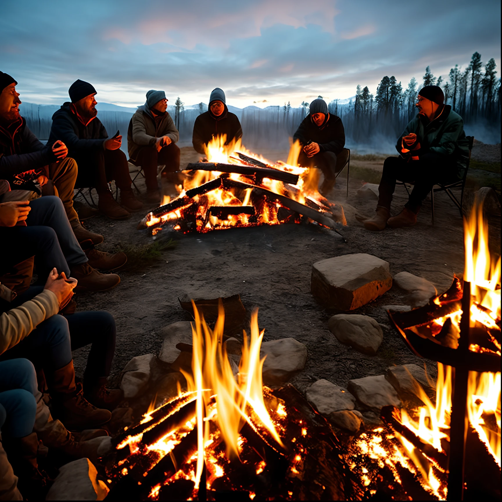 Doomsday night,A group of people gathered around a fire in the room to keep warm