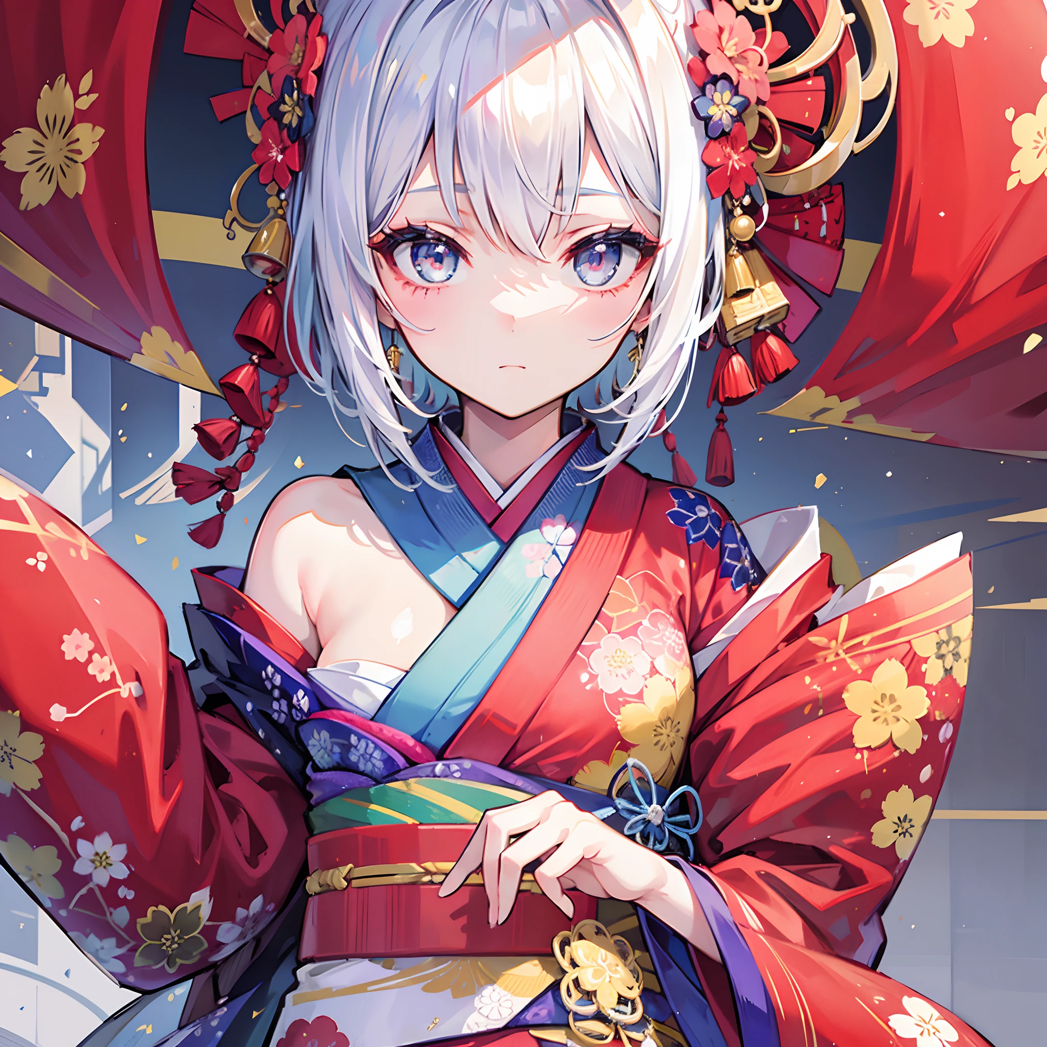 "A girl in a beautifully printed traditional kimono, close-up shot, captivating eyes, flawless and stunning face, exquisite details, crisp image, highest quality."