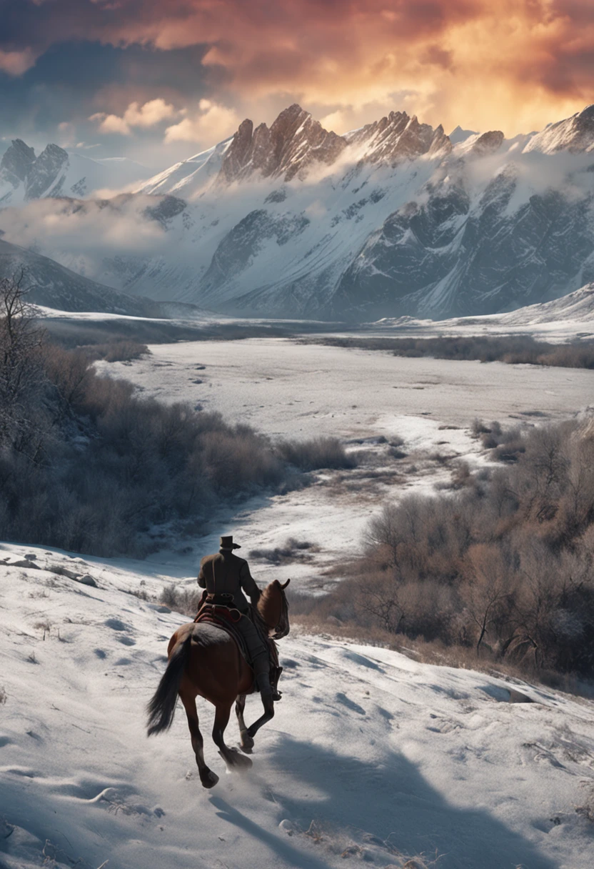 Jules Verne's character Michel Strogoff riding a horse in Siberian landscape