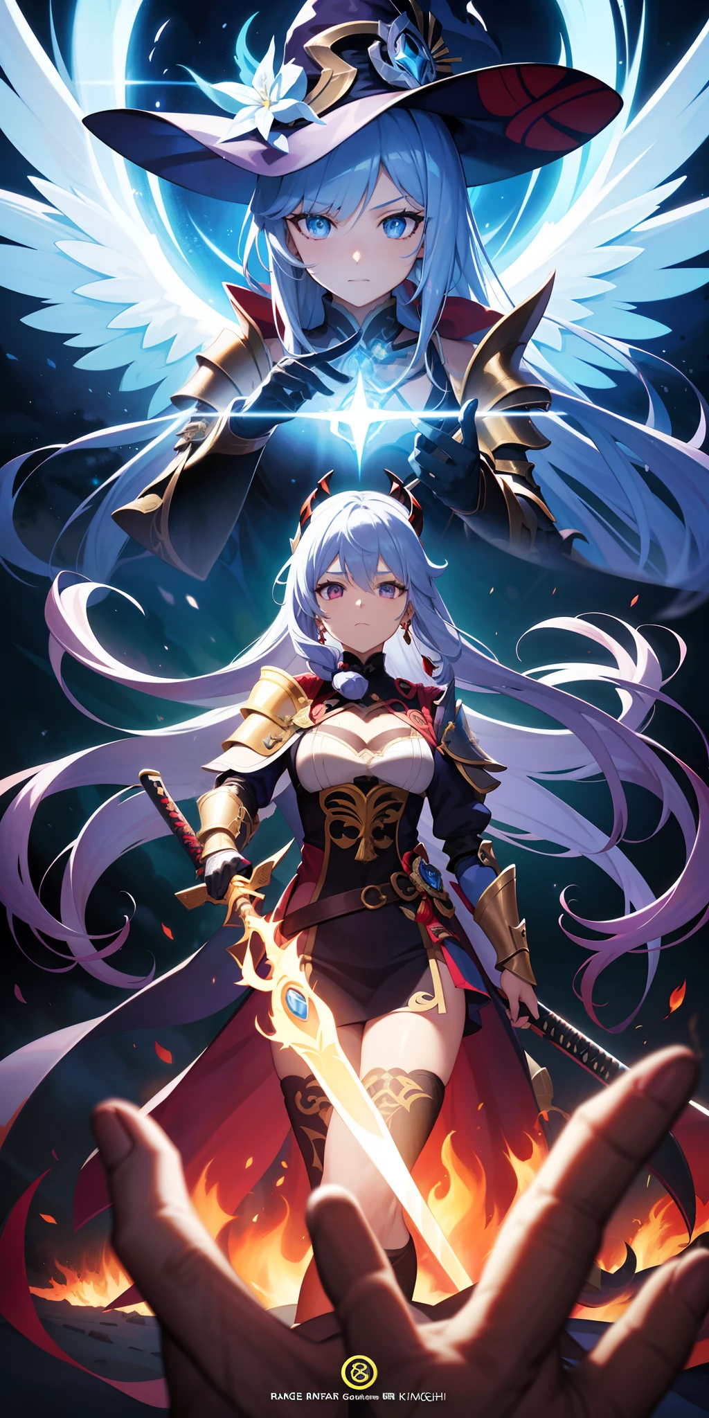 Anime figure,Dark villain,Beauty side face,Long hair flying,(golden headdress),Two age girls back to back,(Simple helmet)Spark ashes burn,The samurai held a sword, Wear contrasting armor, The full picture of the witch and witch skeleton,(standing full-body),((Faraway view)),(HD8K),ultra-wide-angle,The background is gorgeous,the original god, demon anime girl, Angel anime girl,fantasy paladin man, Dragon Knight,Spread your black feathered wings,Mobile Genshin Influence, Anime 8 k, Anime fantasy illustration, Genshin Impact, Tough and cold character, Detailed key anime art, Ayaka Genshin impact, onmyoji portrait,Close-up of shooting random weapons, Comic book epic artwork, Epic fantasy digital art style,Epic fantasy art style, 8K high quality detailed art, Epic fantasy art style HD, Faraway view,Behind him,It is a golden glowing magic array。,Purify the flame,HD anime visuals,full portrait of magical knight,
