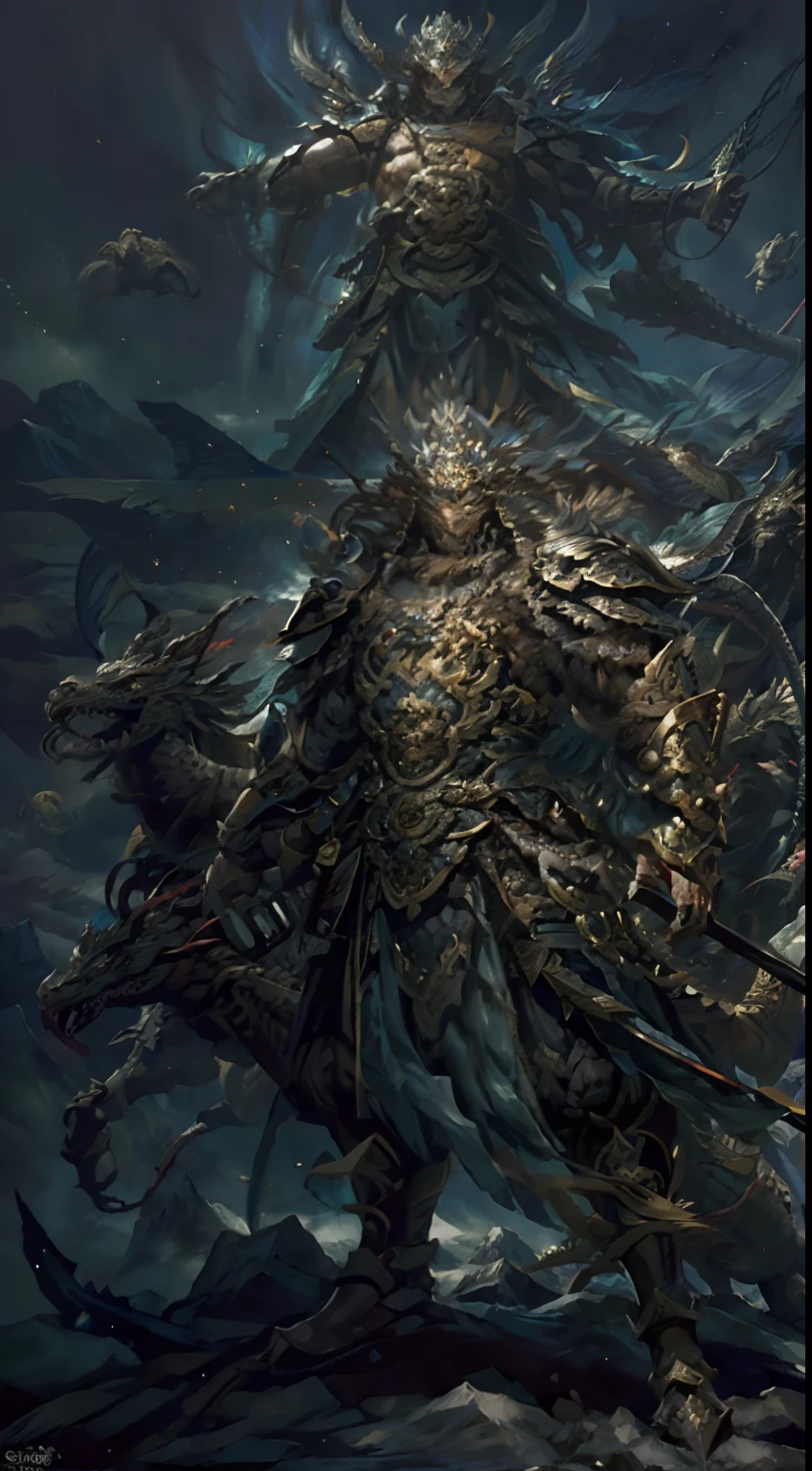Desenhe um personagem com armadura brilhante, wielding a magical sword, standing on top of a majestic mountain. Dragons fly in the sky, e abaixo, Armies gather for impending battle. --auto