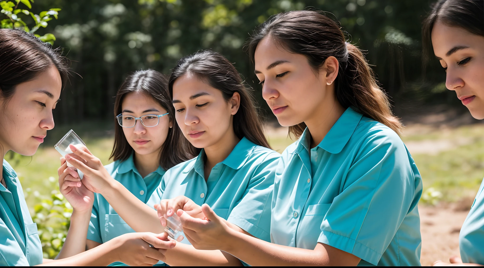 instagram photo, closeup face photo Women scientists engaged in hands-on fieldwork, measuring and collecting data, analytical, thorough, Canon EOS R5 with 70-200mm f/4 lens, balanced outdoor lighting, action photography.