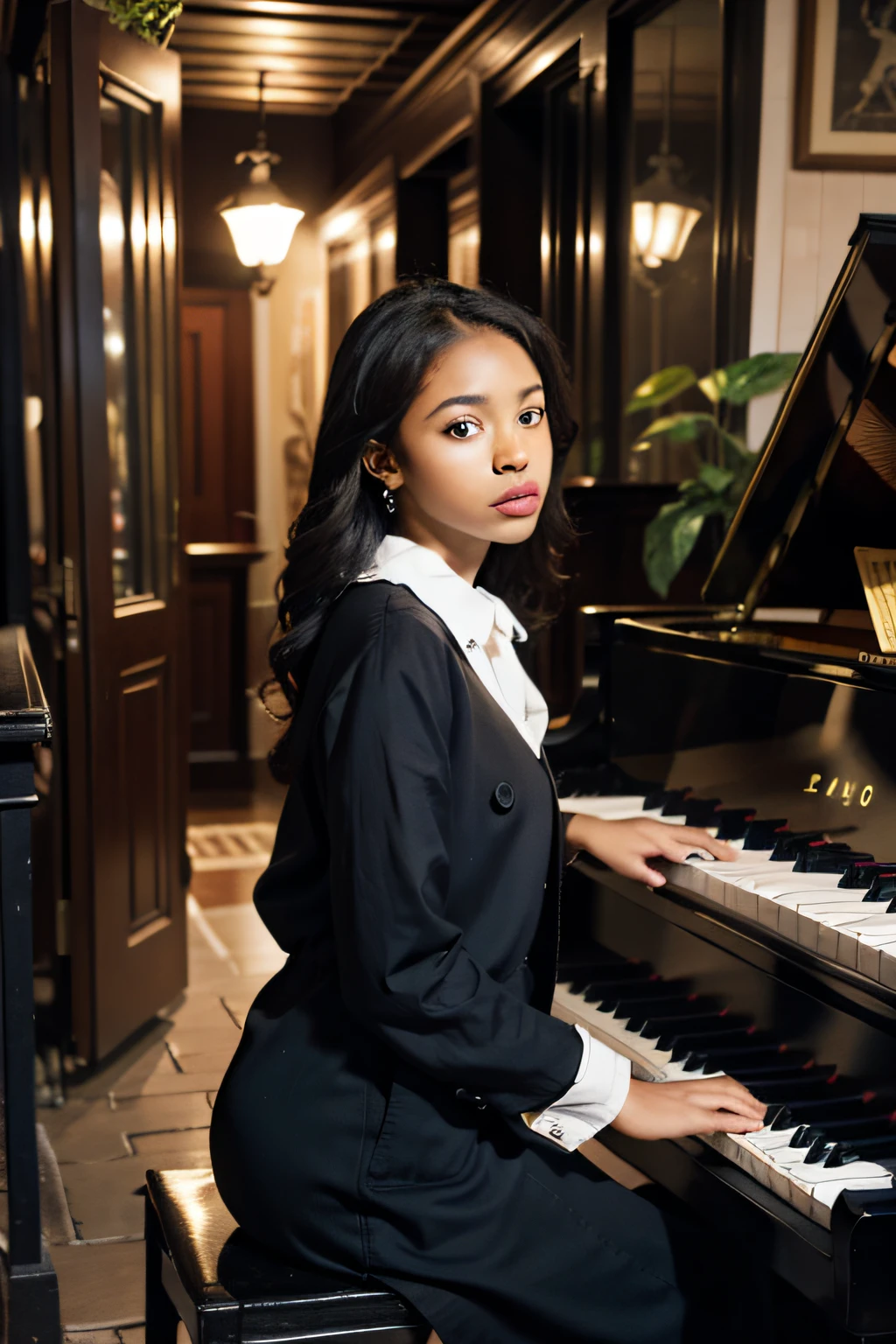 mary，African American，Background with，the street，In front of the piano shop，Looking at the piano