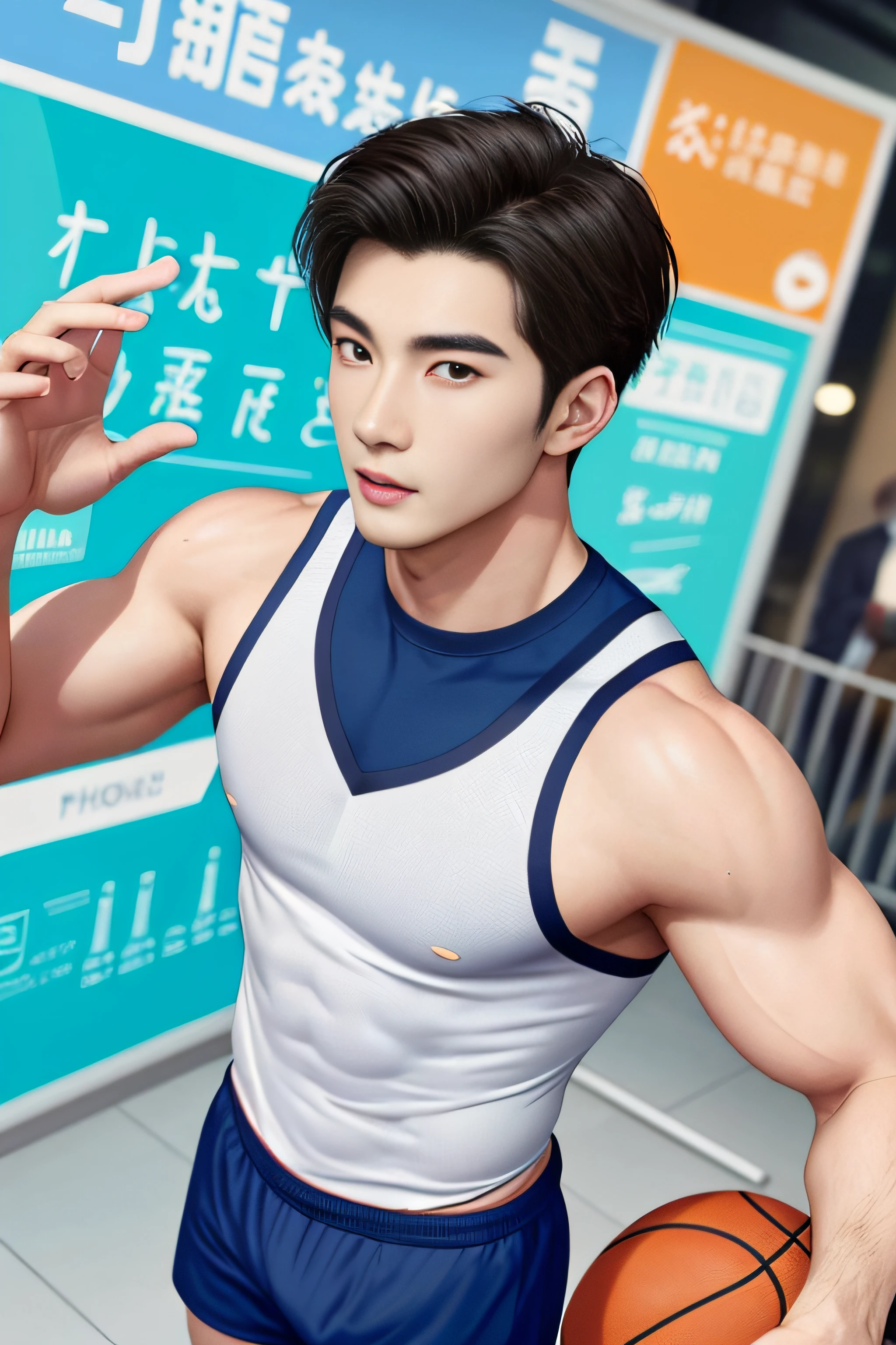 male people， Hirsutistic， Asians， curving， paleskin， sweat leggs，Basketball sports student，standing on your feet，realisticlying，A high resolution，中景 the scene is，musculous，Handsome，of a shirtless，bold and unconstrained，Chinese handsome，wide angles，photorealestic，cinematic ligh，poster for，photore，（detail in face），mature，Handsome