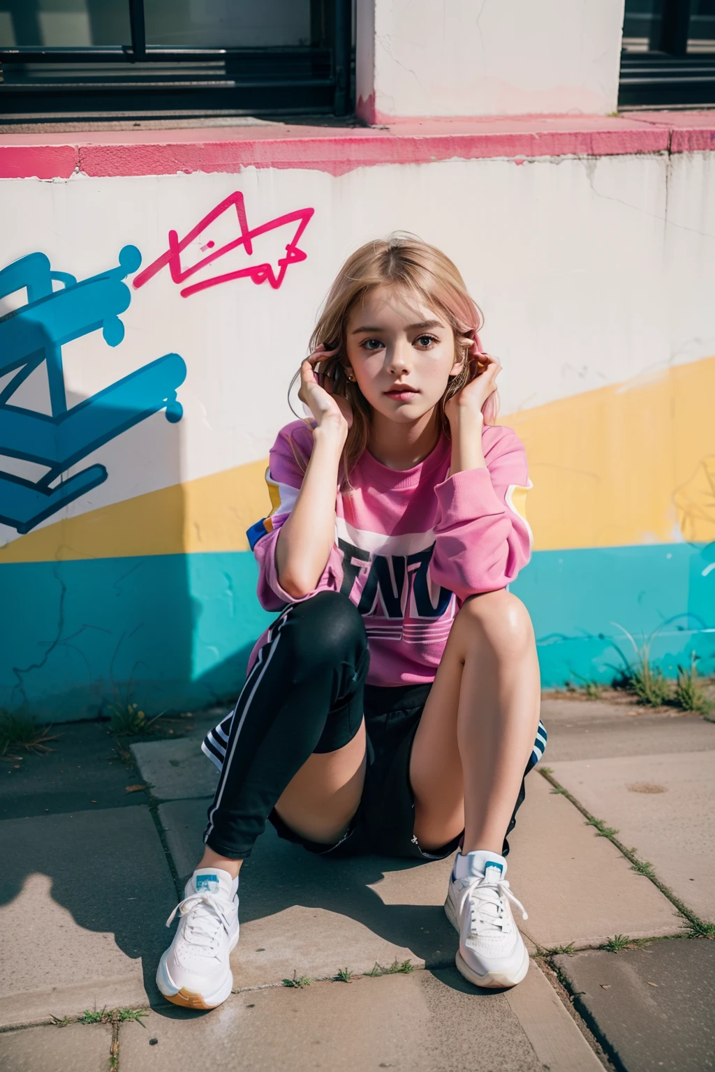 Swedish girl, sitting next to graffiti, sitting on the ground, hands on the ground, head slightly bend, looking attractive, beautiful hair, female body, hot pants, nice shoes, colorful picture, High quality, filmgrain, 20 MP, Fujifilm XT3, 80 mm, fotoshooting