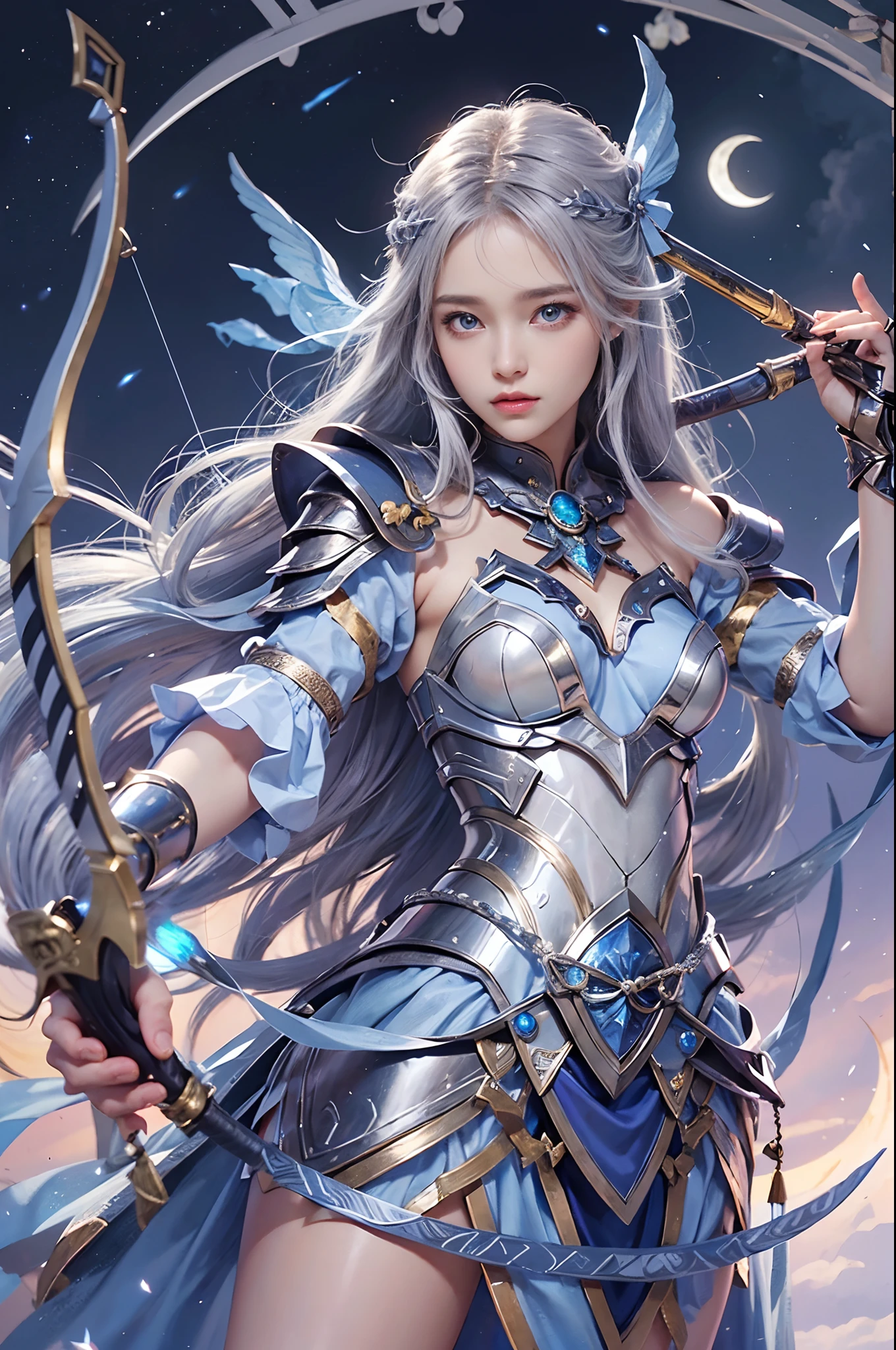 (Archer girl dressed in armor like an enchanting moon goddess),(Realistic Beautiful Night Sorceress),(Artemis, goddess of the moon),Silver bow and arrow with luxurious decoration in the hand,Ready to shoot the bow,mysterious girl,Amazing effect,(small tits),Lifelike face,Compassionate eyes,cute face,Blue eyes,Realistic Nada Room,Silver hair shining like the moon,de pele branca,Young Goddess,Photoquality,Dignified Moon,Tsurime,Blue glowing eyes,((Bow Drawing Pose)),