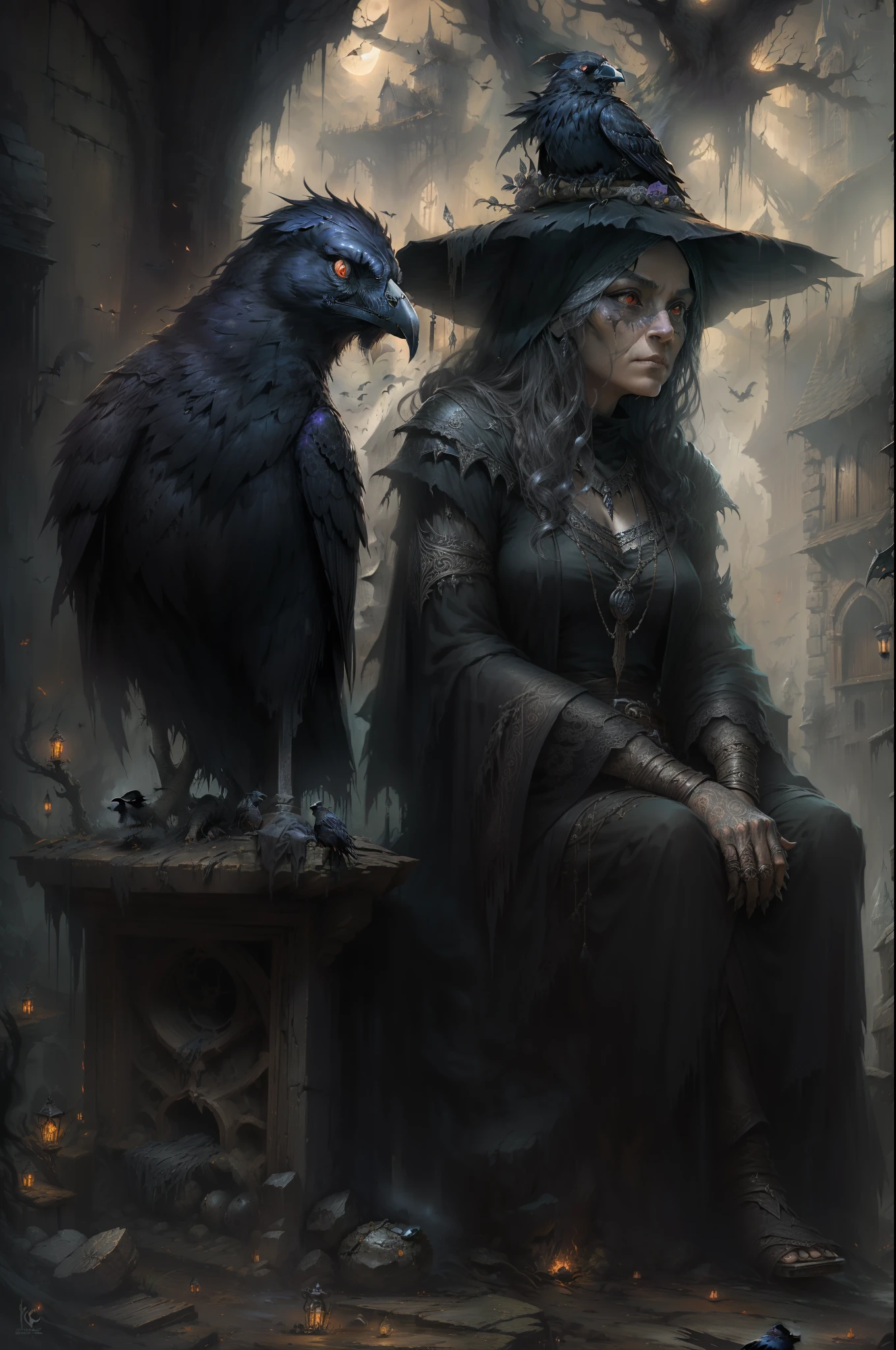 An old witch sits in a Kadilau chair in the background，She was holding a Soniste crow，The Araved woman in a black ragged robe holds a black crow, Epic fantasy digital art style, She held a lamp, Rosla global lighting, Epic fantasy art style HD, A beautiful witch, artgerm julie bell beeple, artgerm and rossdraws, Fantasy wizard woman, Epic fantasy art style