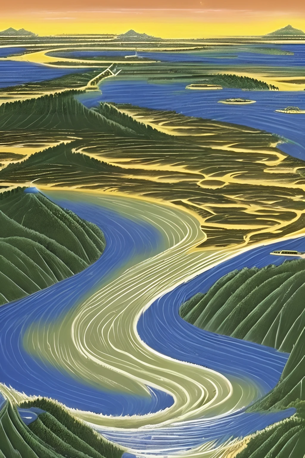 The flood was monstrous，The Heavenly Emperor worked hard to block the flood，The Heavenly Emperor ordered Zhurong to attack Cang at Mount Yu，Yu was born from the belly of Cang，The Heavenly Emperor instructed Yu to control the flood，Delimitation of Kyushu。